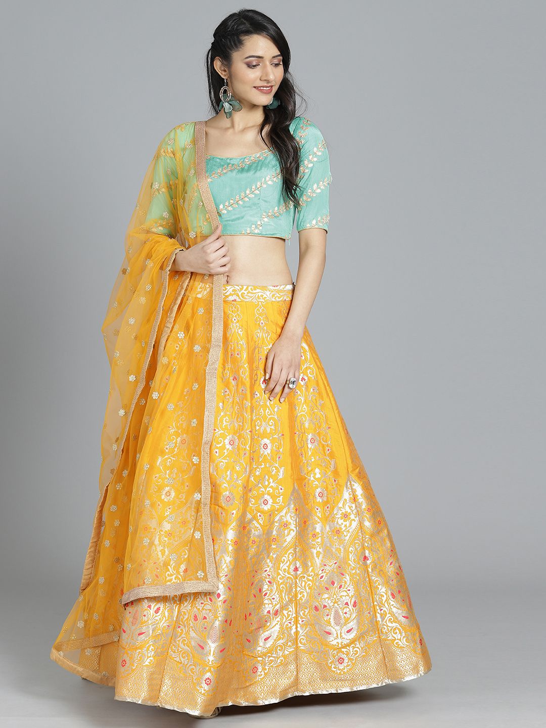 EthnoVogue Yellow & Turquoise Blue Embellished Made to Measure Lehenga & Blouse with Dupatta Price in India