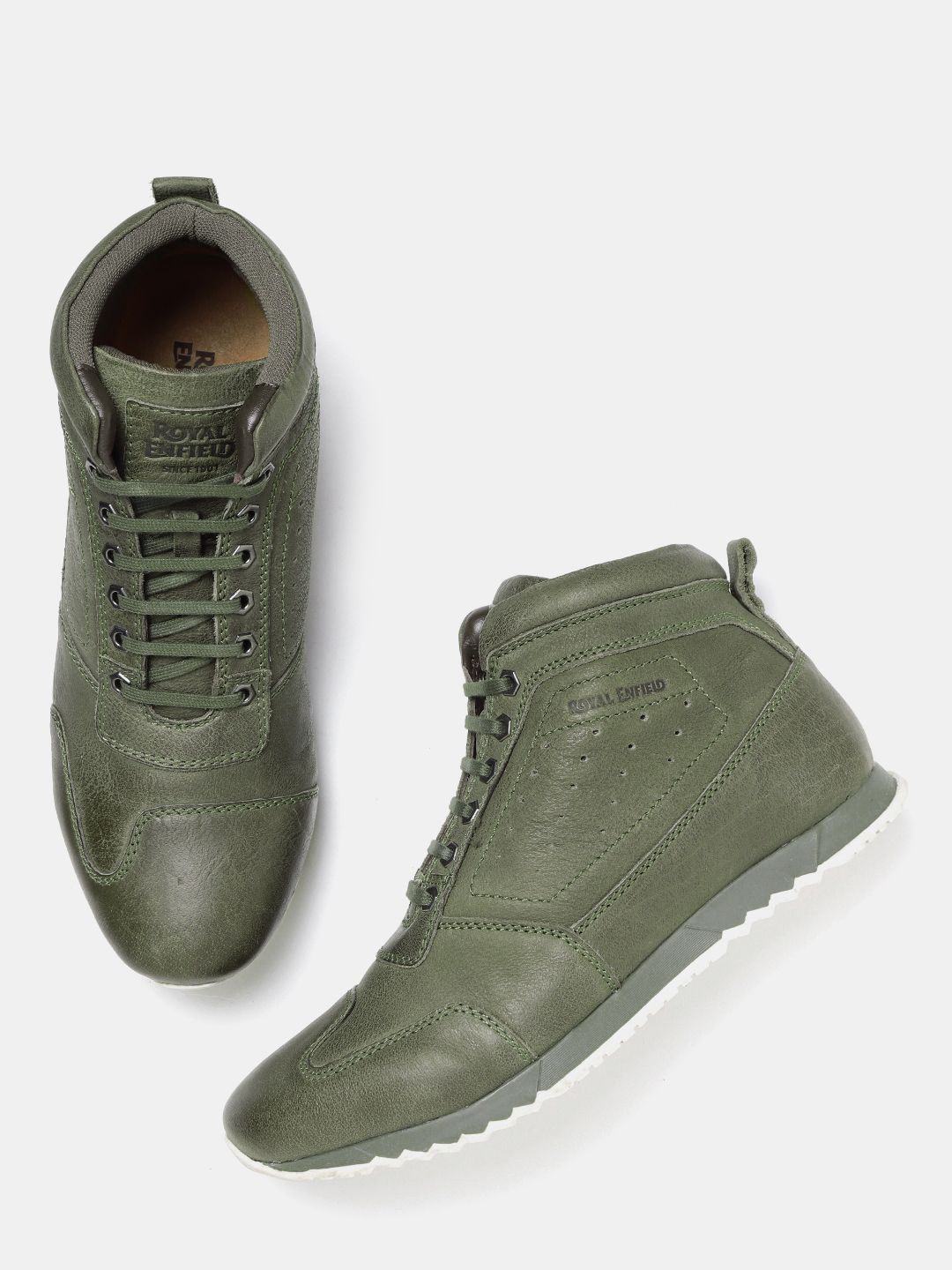 Royal Enfield Men Olive Green Solid Leather Mid-Top Sneakers