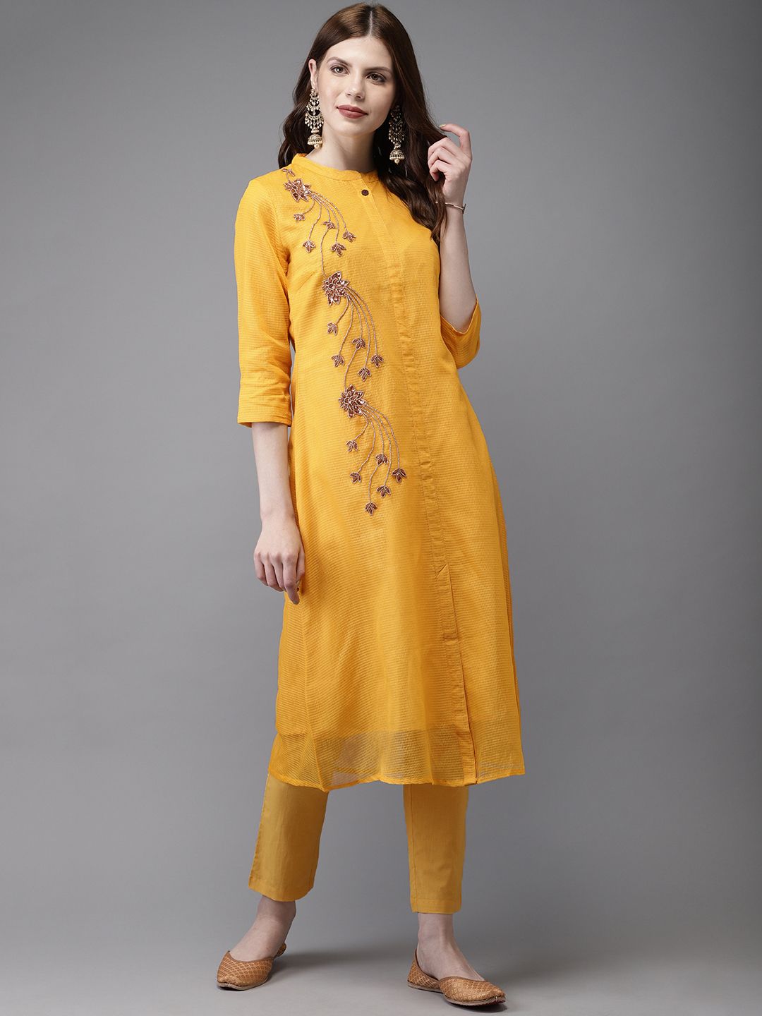 Anouk Women Yellow Embellished Kurta with Trousers Price in India