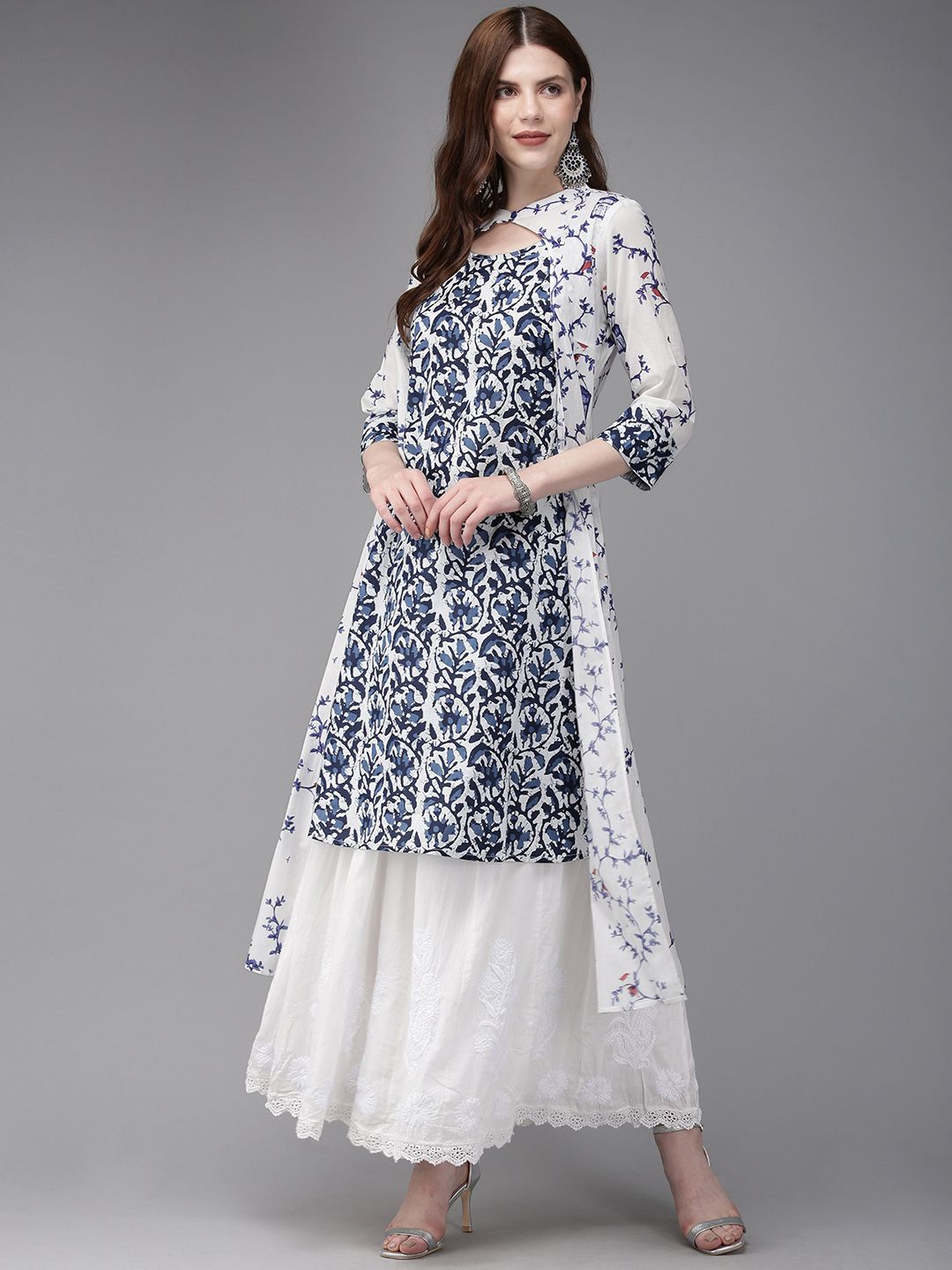 Anouk Women White & Navy Blue Printed Fusion A-Line Layered Kurta