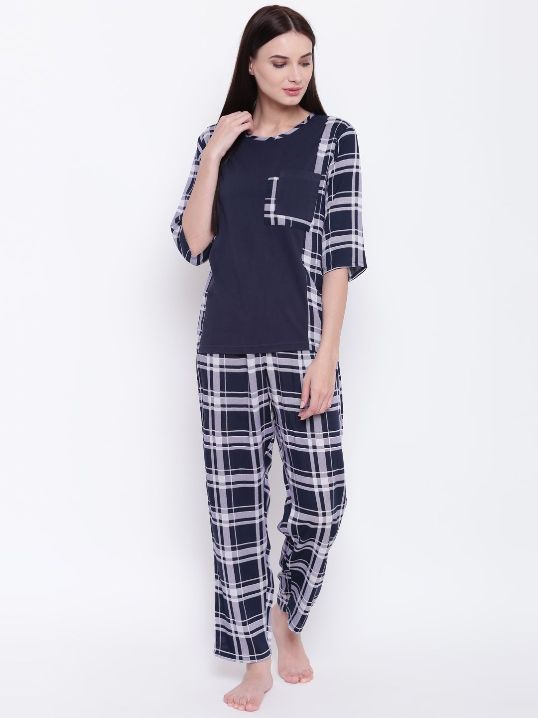 9teenAGAIN Women Navy Blue & Off-White Checked Night Suit 1SS16-0352-NS1 Price in India