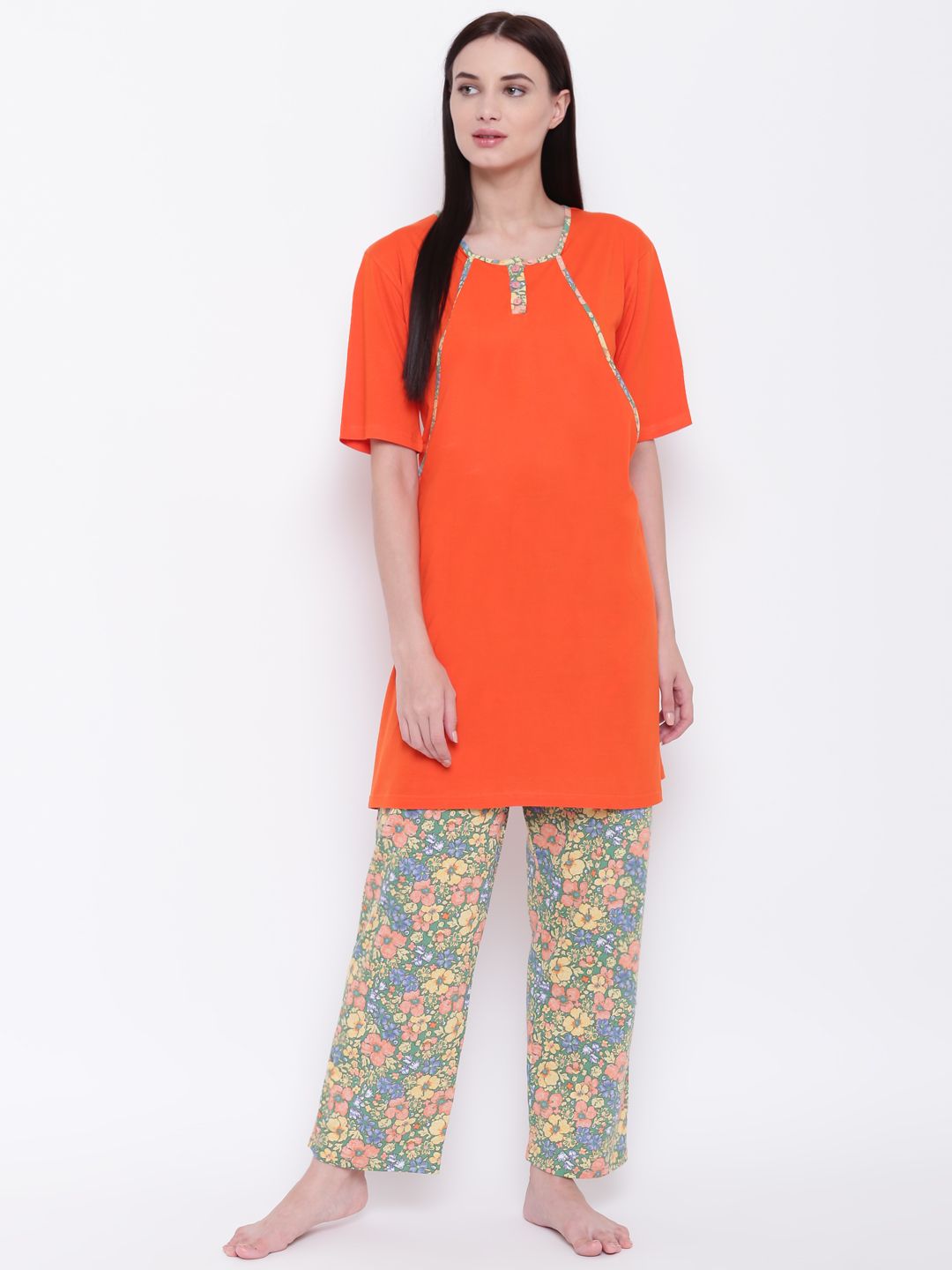 9teenAGAIN Women Orange & Green Solid Nursing Night Suit 1MN16-0741-NS1 Price in India