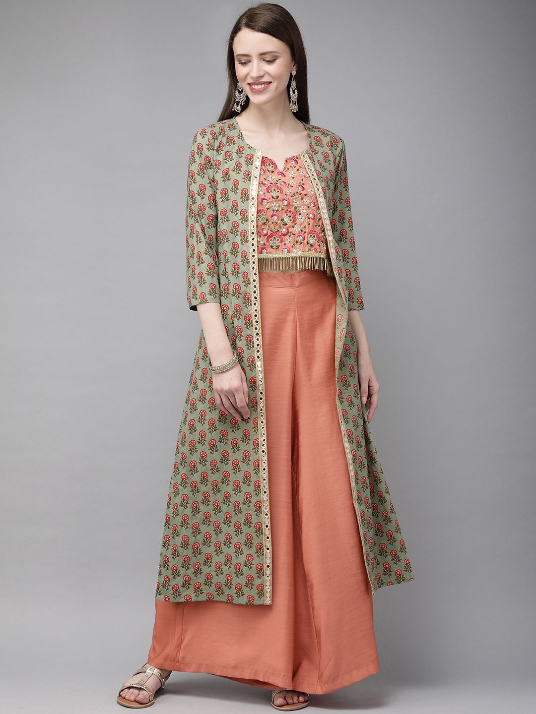 Anouk Women Peach-Coloured & Green Embroidered Top with Palazzos and Jacket Price in India