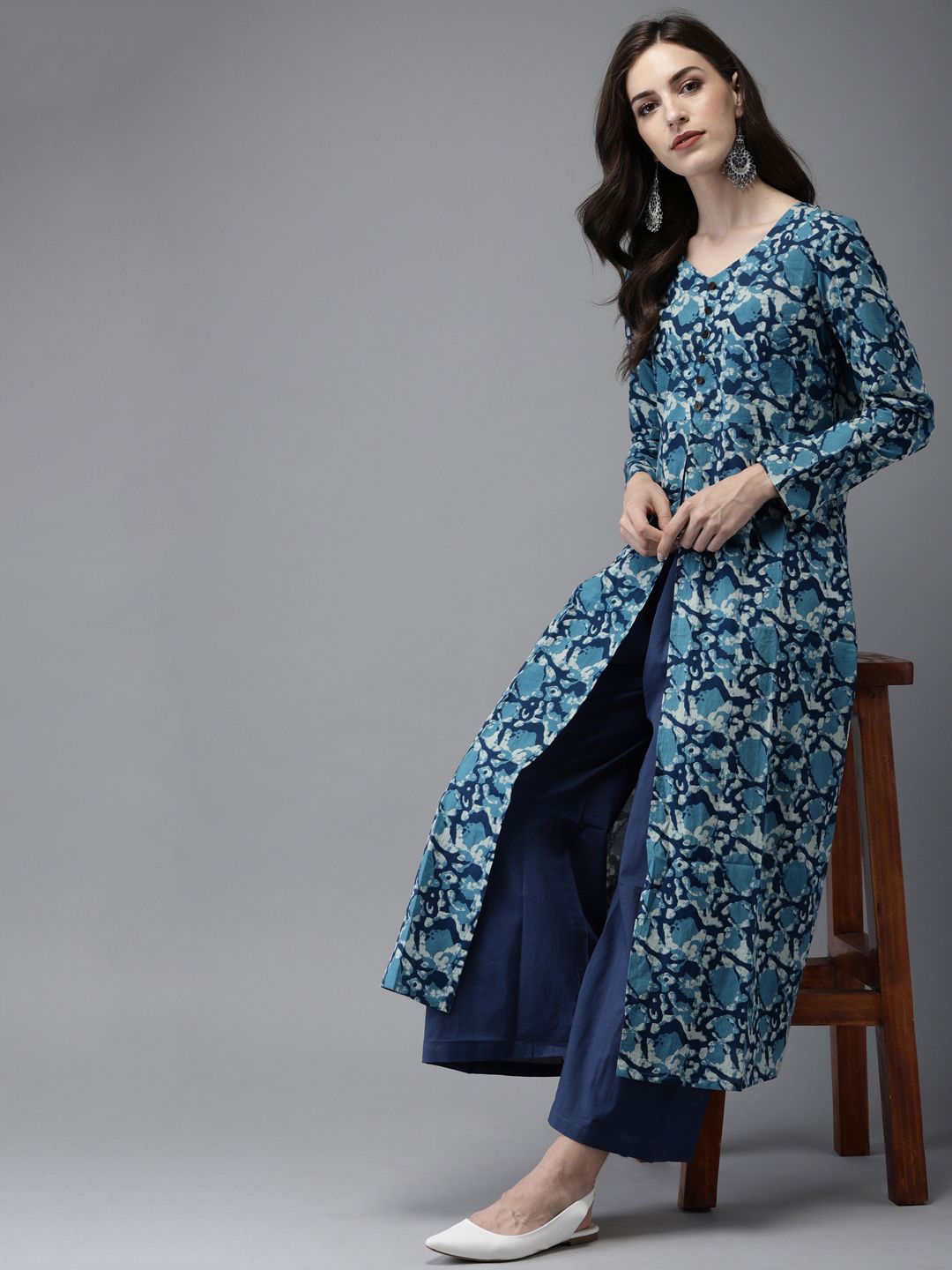 Anouk Women Navy Blue Printed Kurta with Palazzos Price in India