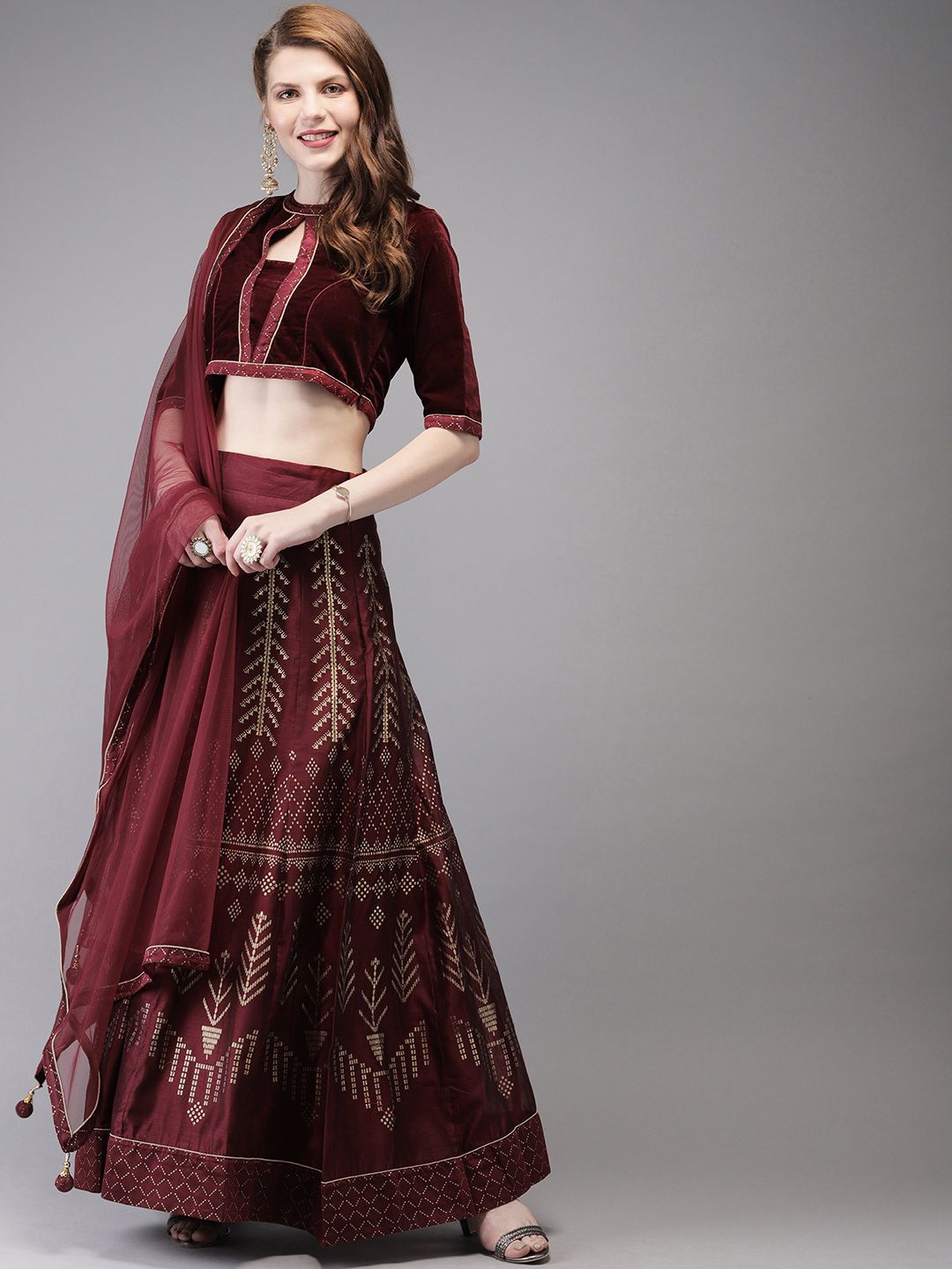 Anouk Maroon & Gold-Toned Ready to Wear Lehenga & Blouse With Dupatta Price in India