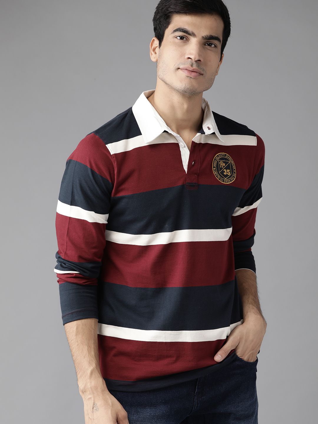 Roadster Men Maroon & Navy Blue Striped Polo Collar T-shirt