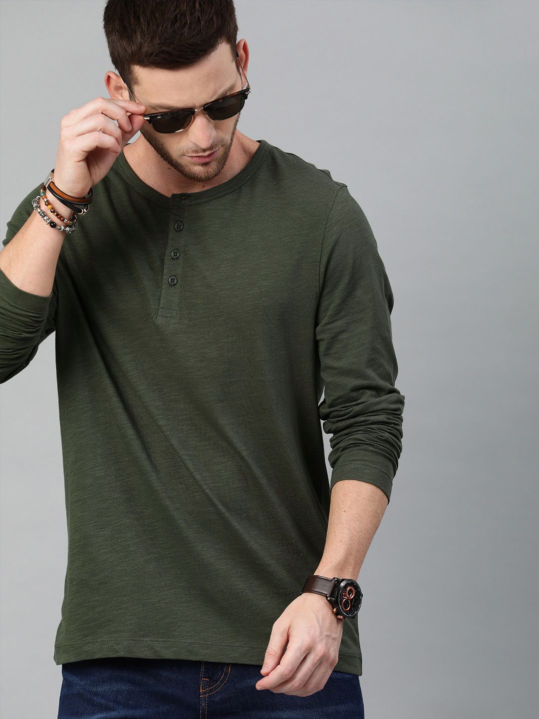 Roadster Men Olive Henley Neck Cotton Cotton T-shirt