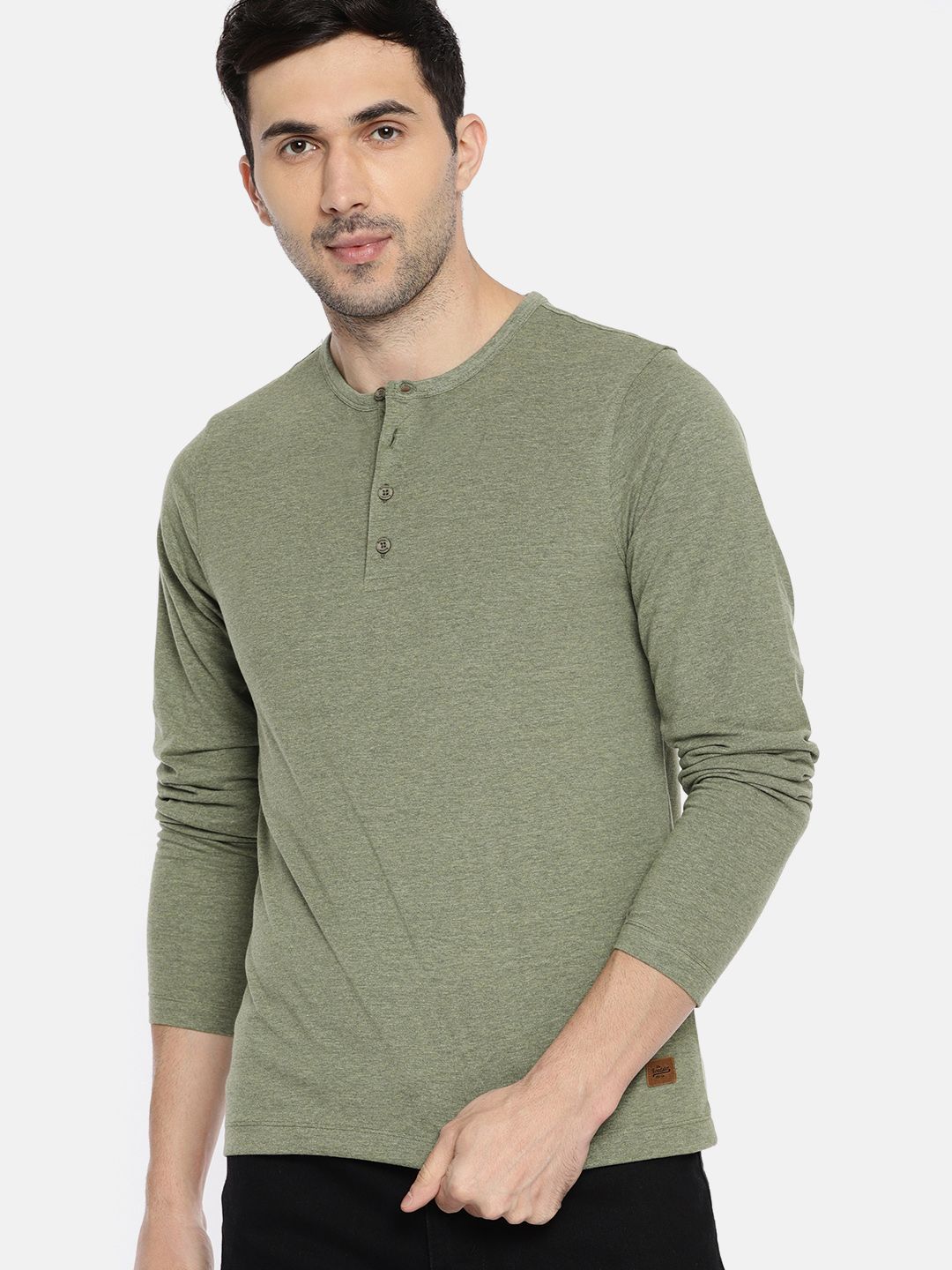 Roadster Men Olive Green Solid Henley Neck T-shirt