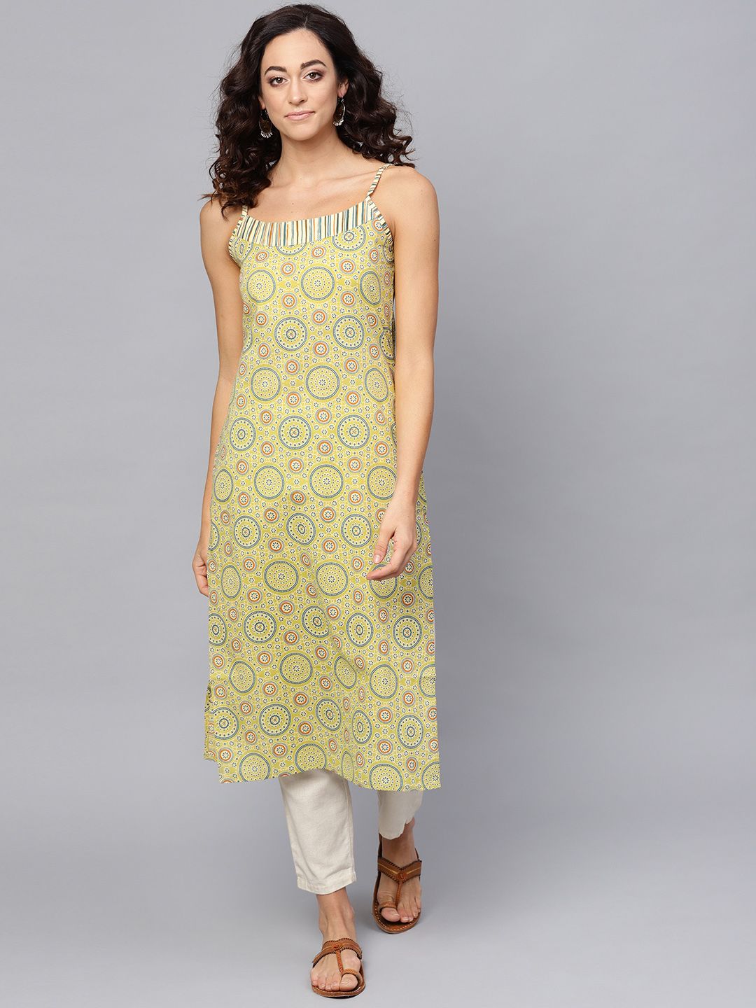 anayna Women Green & Off-White Printed Straight Kurta Price in India