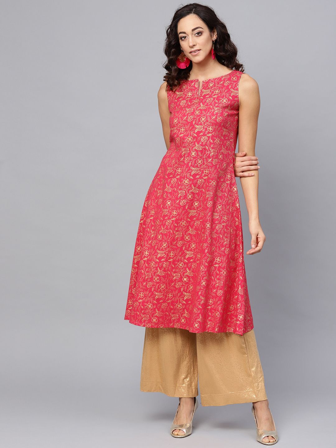 anayna Women Pink & Golden Printed A-Line Kurta Price in India