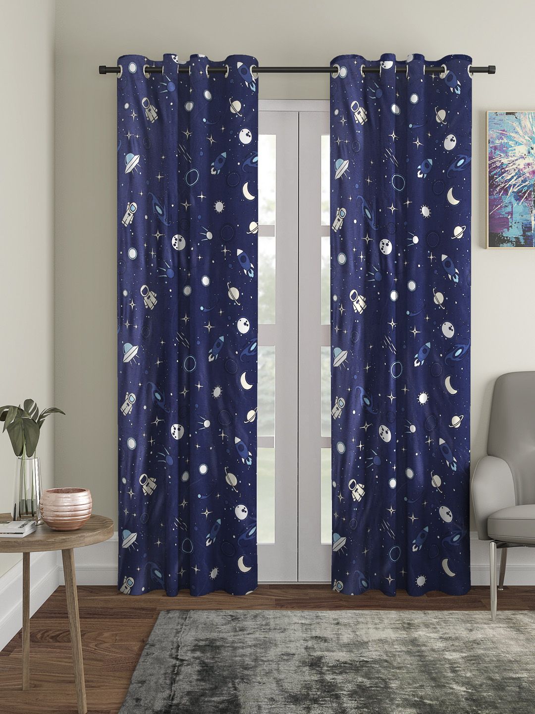 Cortina Navy Blue Set of 2  Black Out Glowing in Dark Long Door Curtains Price in India