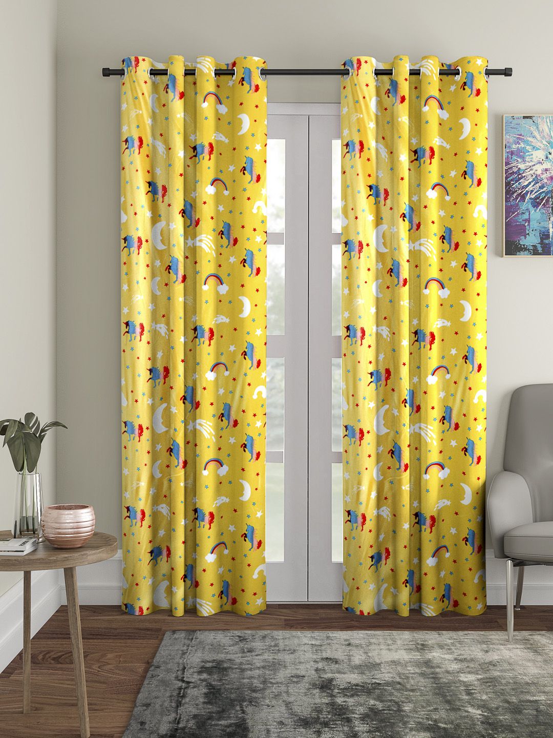 Cortina Set of 2 Yellow & Blue Printed Glow in the Dark Door Curtains Price in India