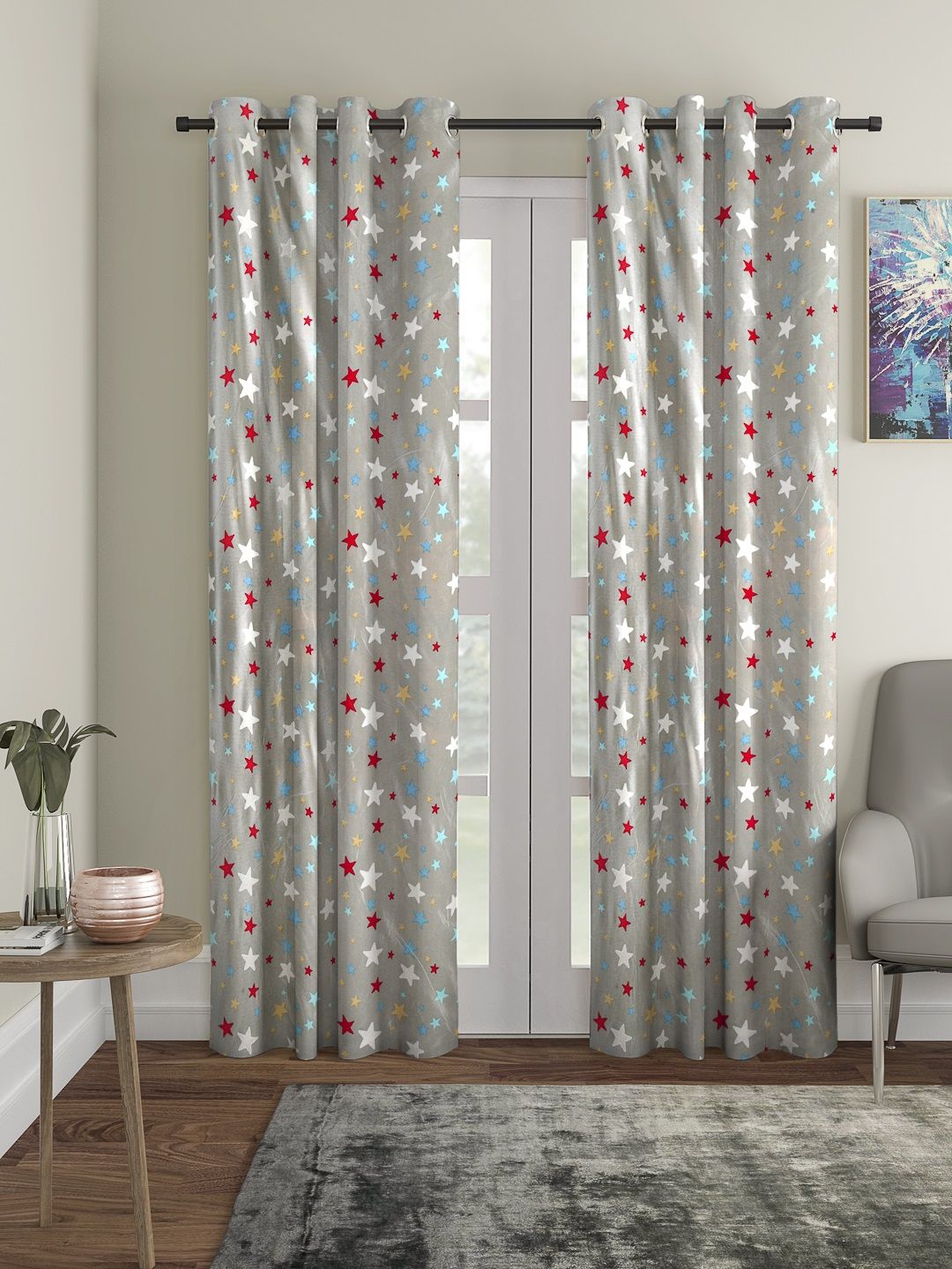 Cortina Grey Set of 2 Printed Black Out Door Curtains Price in India