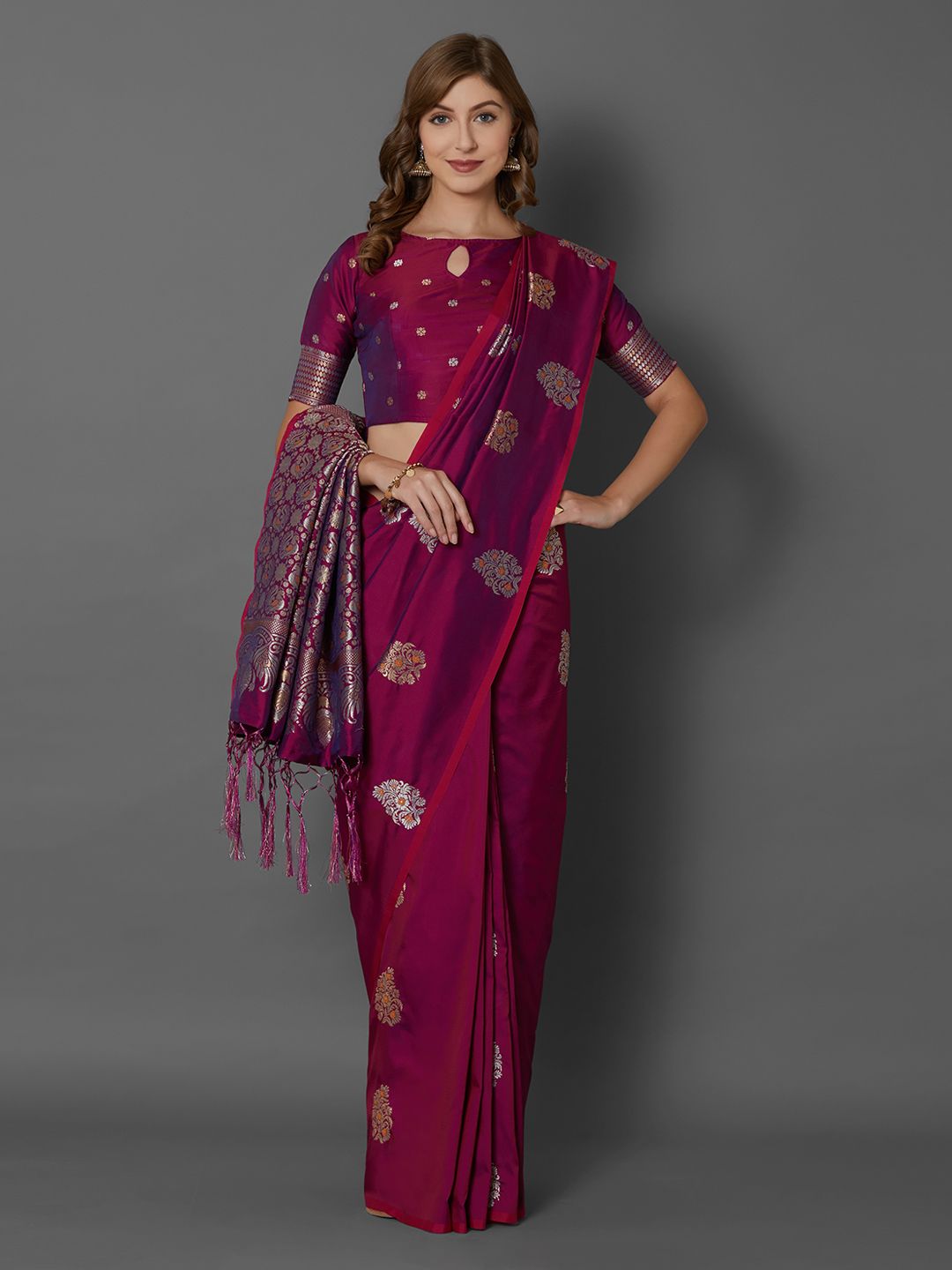 Mitera Magenta Silk Blend Woven Design Banarasi Saree Price in India
