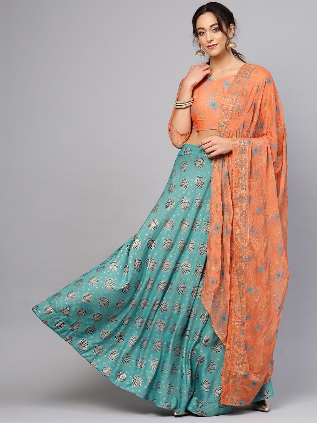 AKS Blue & Orange Printed Ready to Wear Block Print Lehenga & Blouse with Dupatta