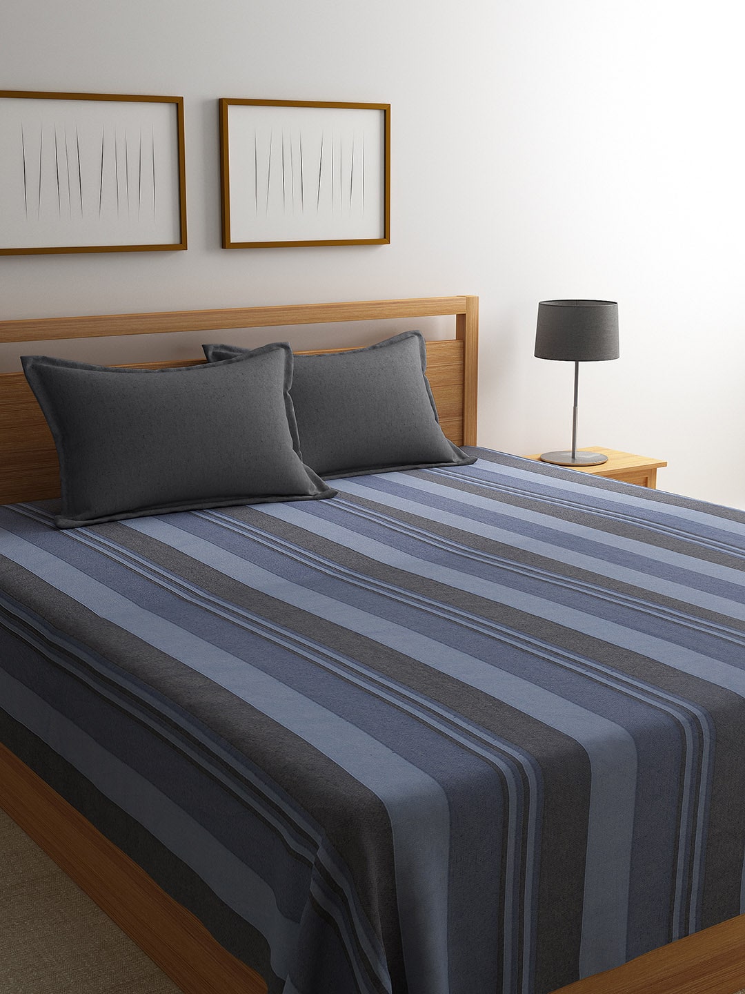 Saral Home Blue & Grey Striped 500 TC Bedsheet with 2 Pillow Covers Price in India