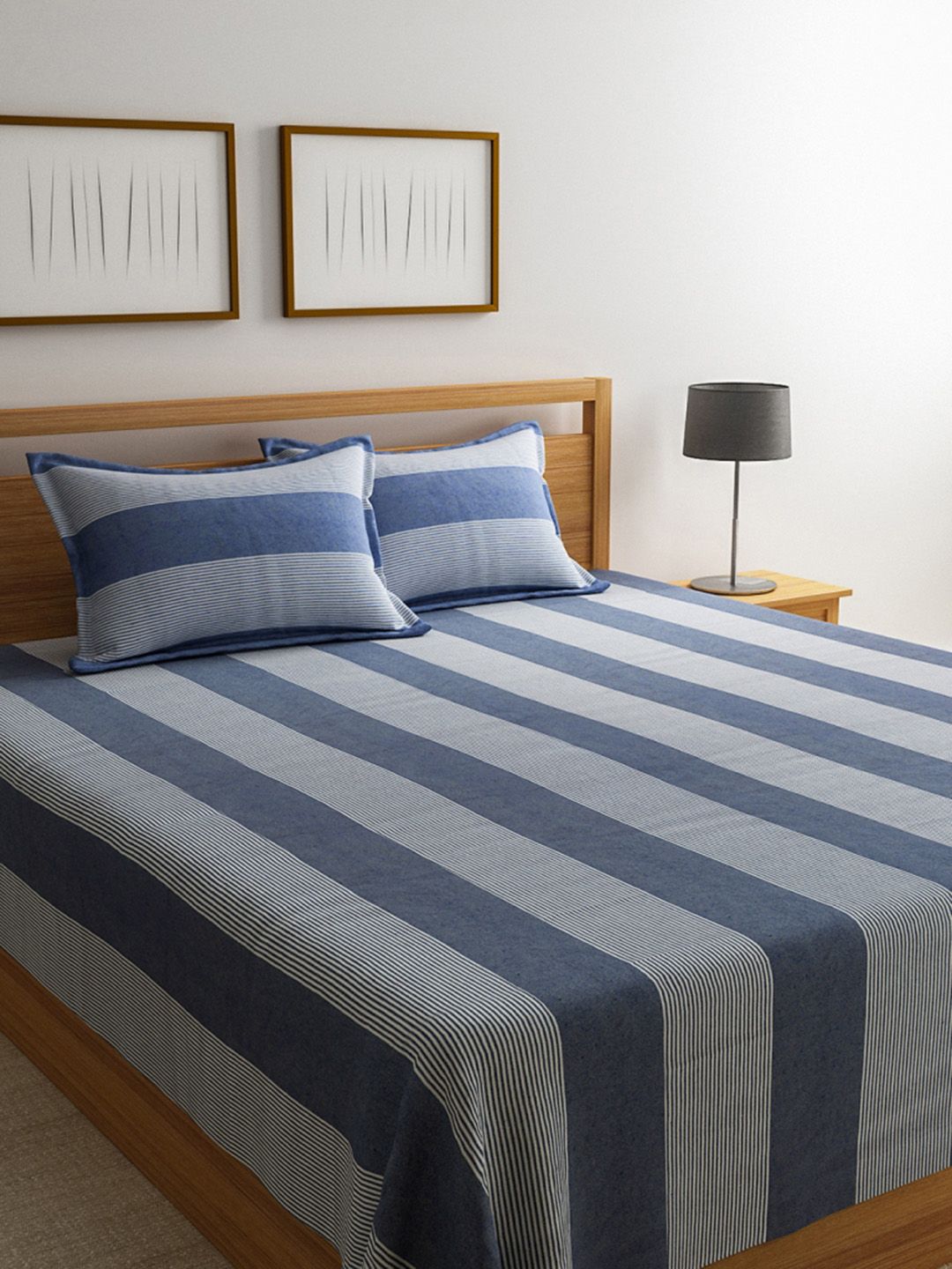 Saral Home Blue & White Striped 500 TC Bedsheet with 2 Pillow Covers Price in India
