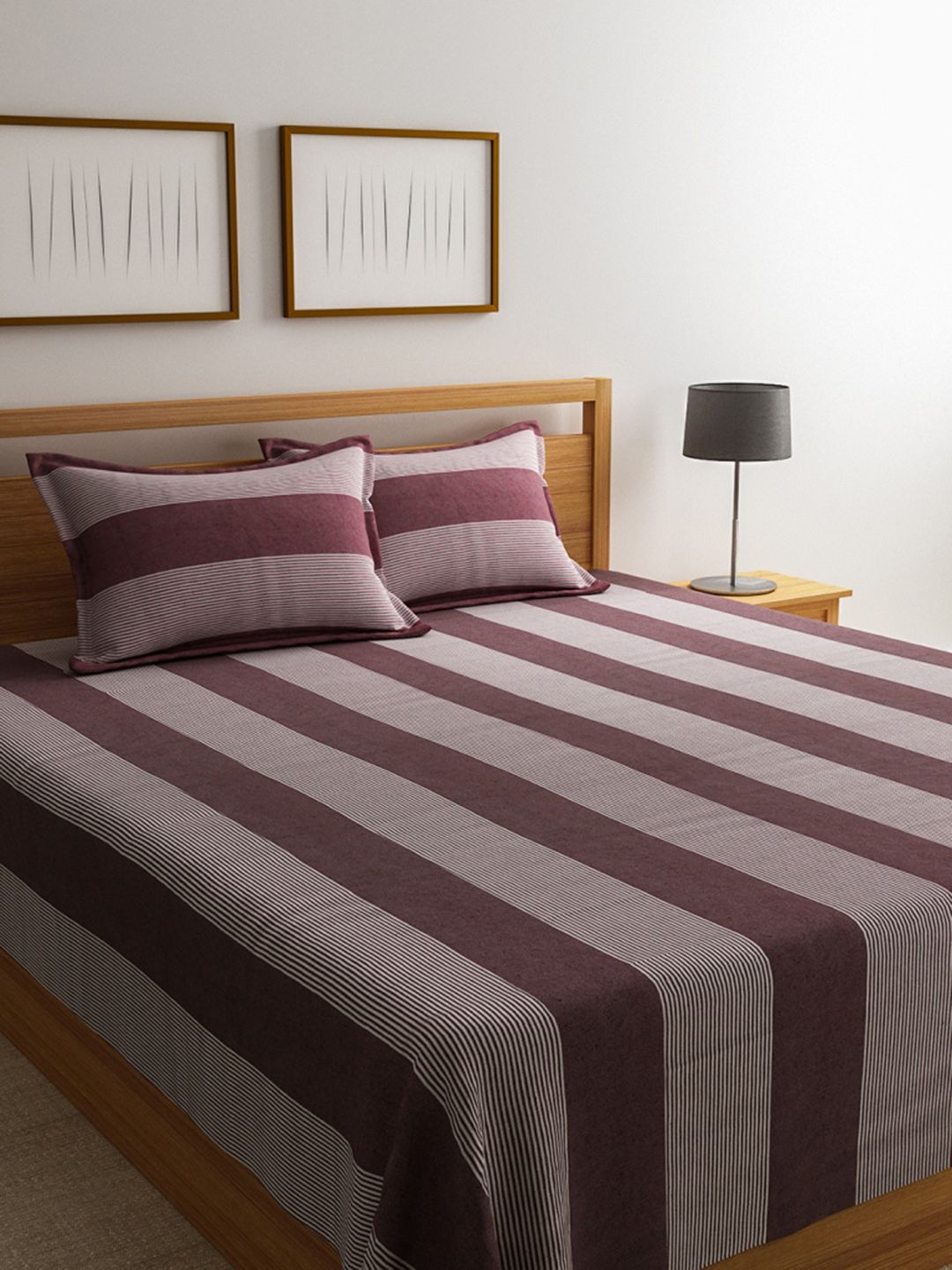 Saral Home Maroon & White Striped 500 TC Bedsheet with 2 Pillow Covers Price in India