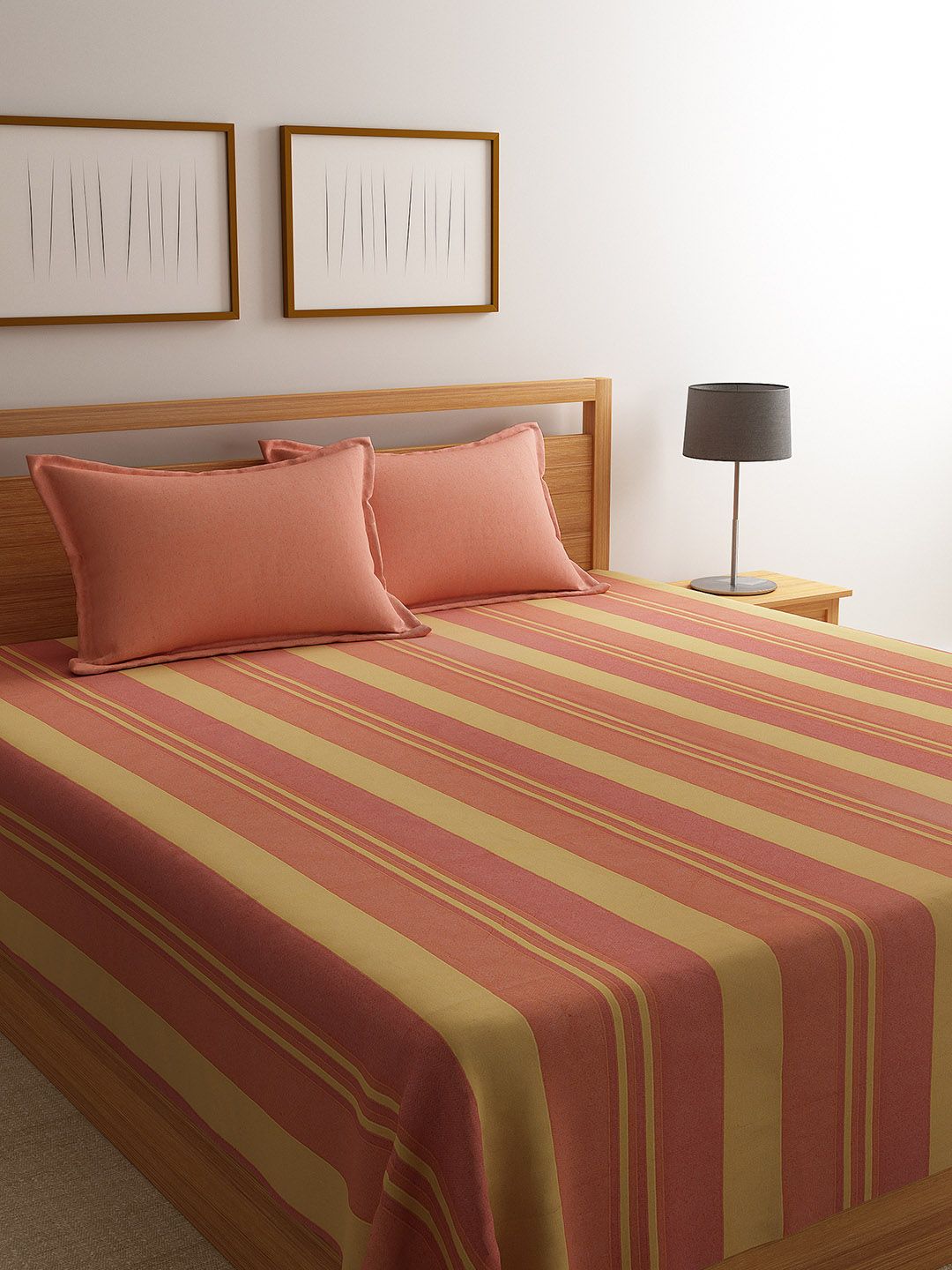 Saral Home Orange & Yellow Striped 500 TC Bedsheet with 2 Pillow Covers Price in India