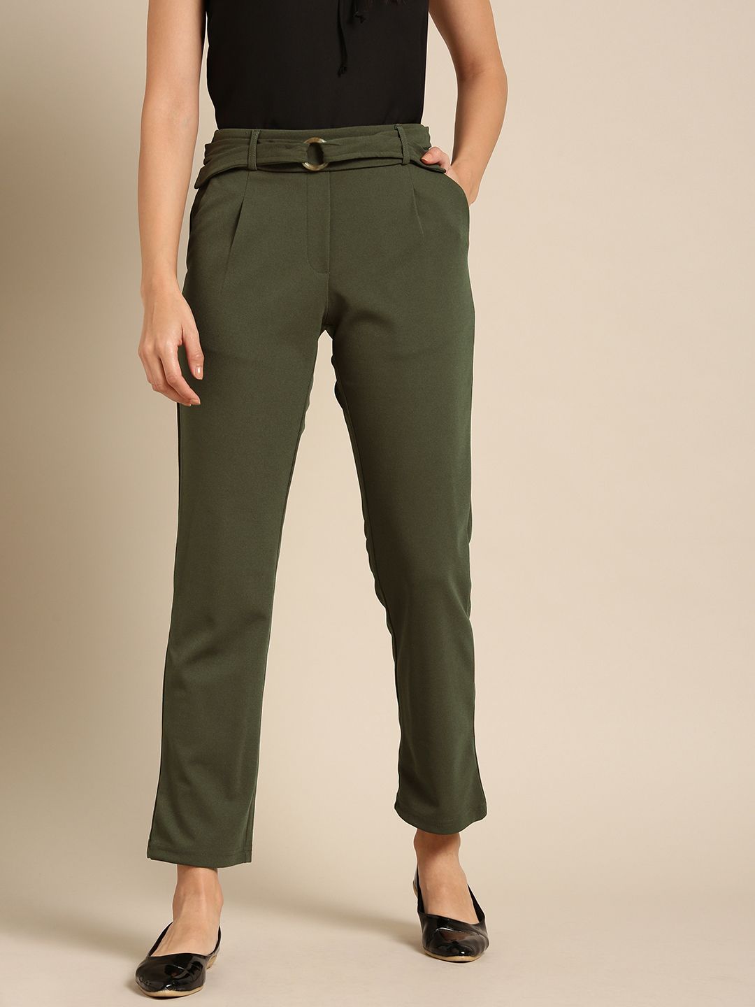 DressBerry Women Olive Green Regular Fit Solid Trousers Price in India
