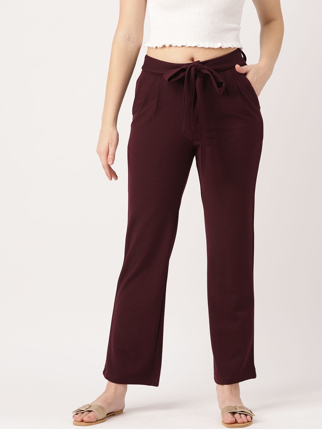 DressBerry Women Burgundy Regular Fit Solid Regular Mid-Rise Trousers Price in India