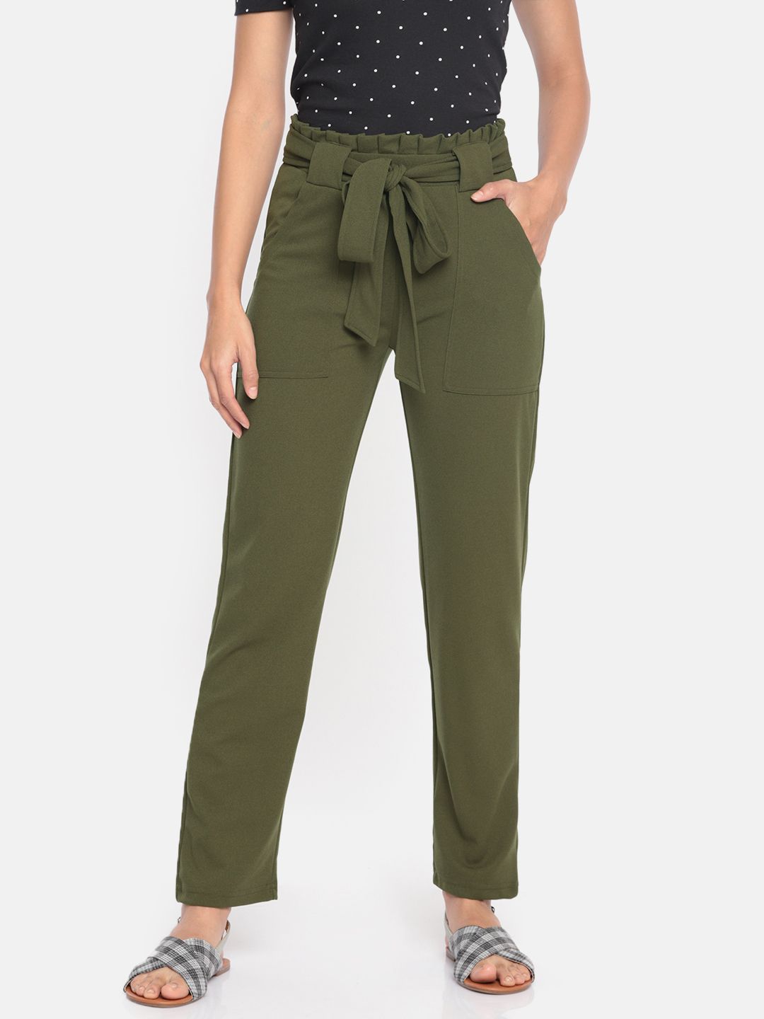 DressBerry Women Olive Green Regular Fit Solid Regular Mid-Rise Trousers