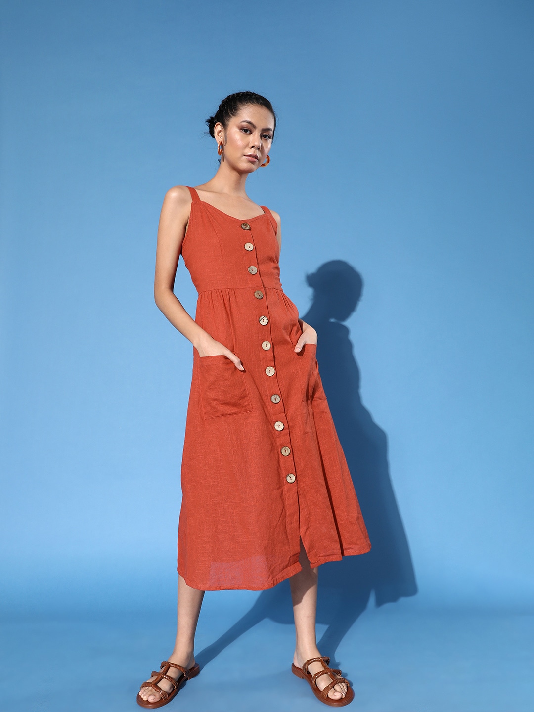 DressBerry Women Chic Rust Solid Sundress Price in India