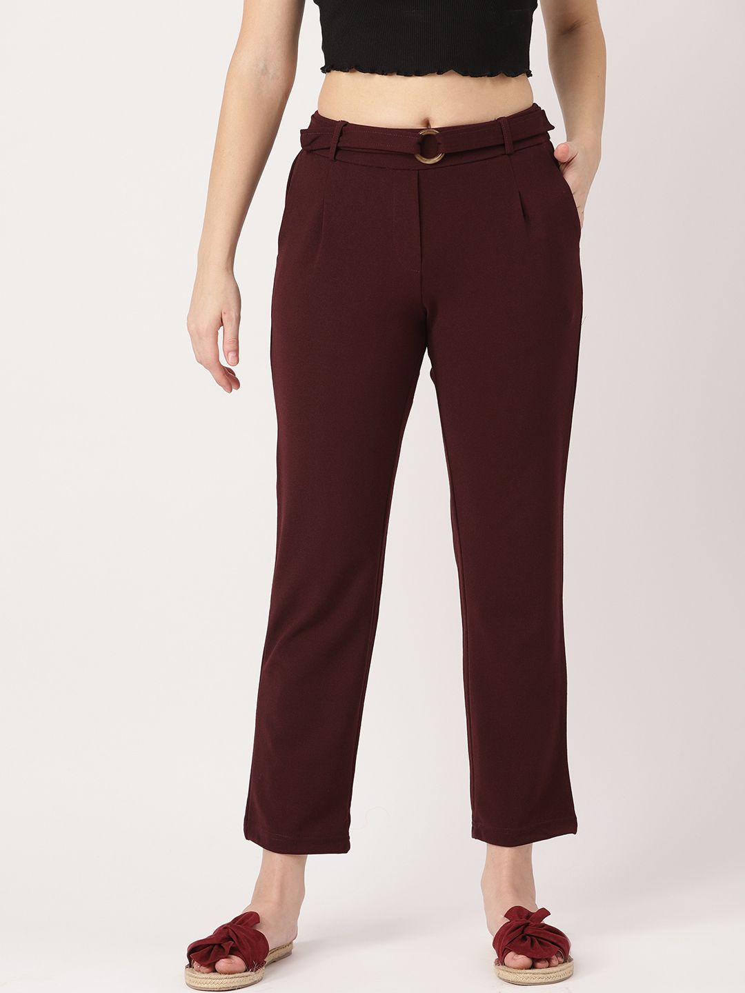 DressBerry Women Burgundy Regular Fit Solid Cropped Trousers Price in India