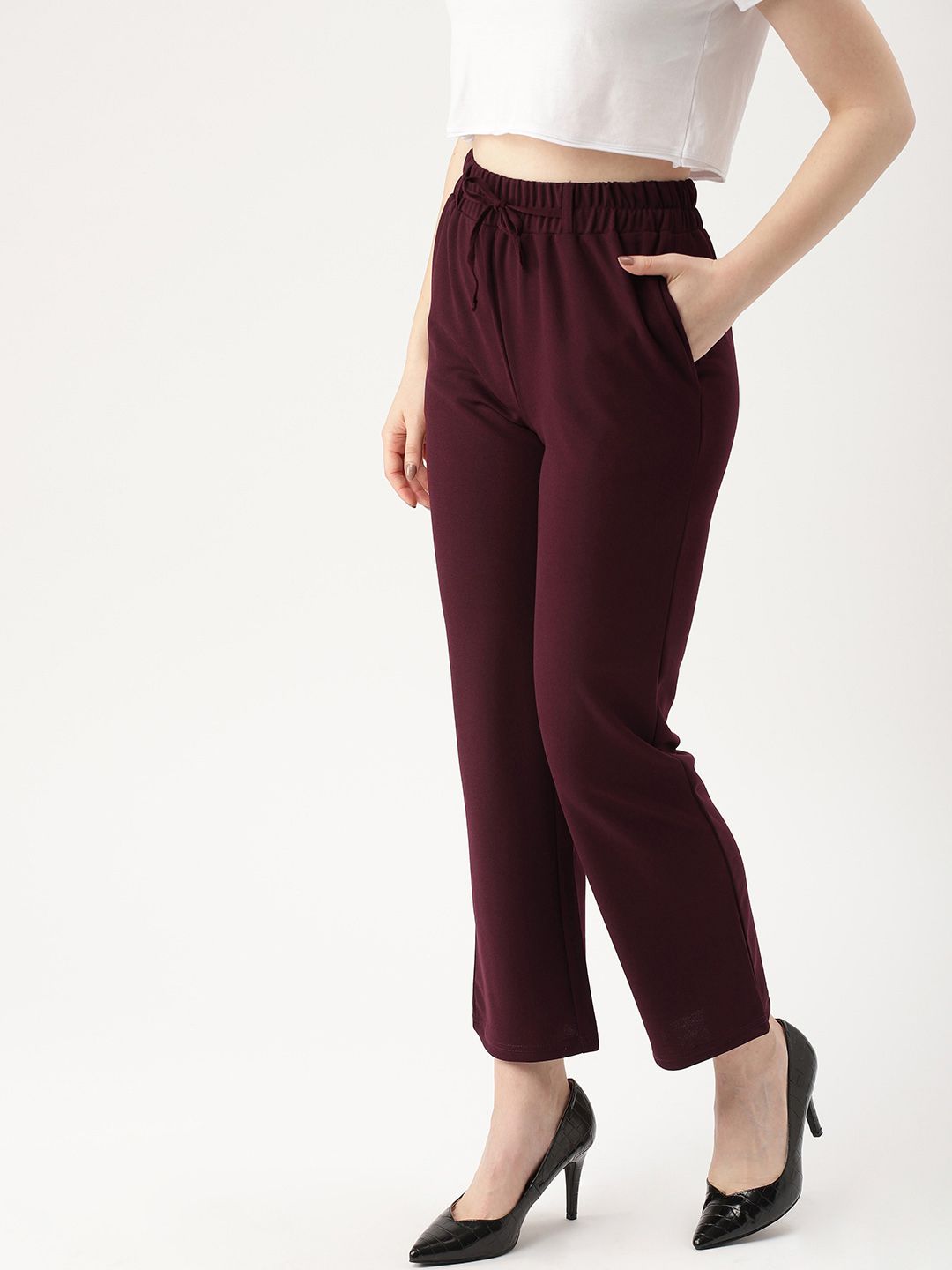 DressBerry Women Burgundy Regular Fit Solid Regular Cropped Mid-Rise Trousers Price in India