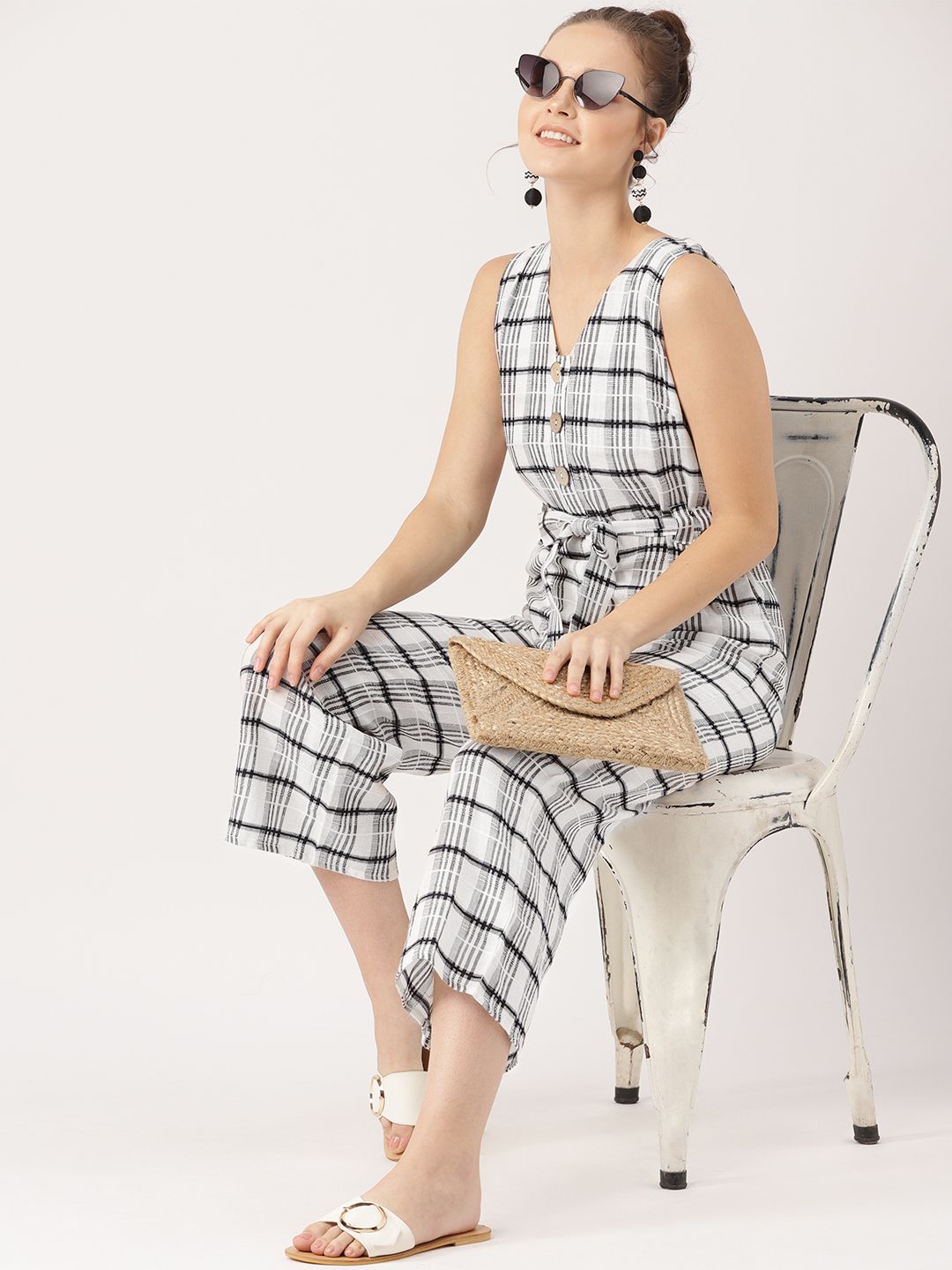 DressBerry Women White & Navy Blue Checked Basic Jumpsuit Price in India