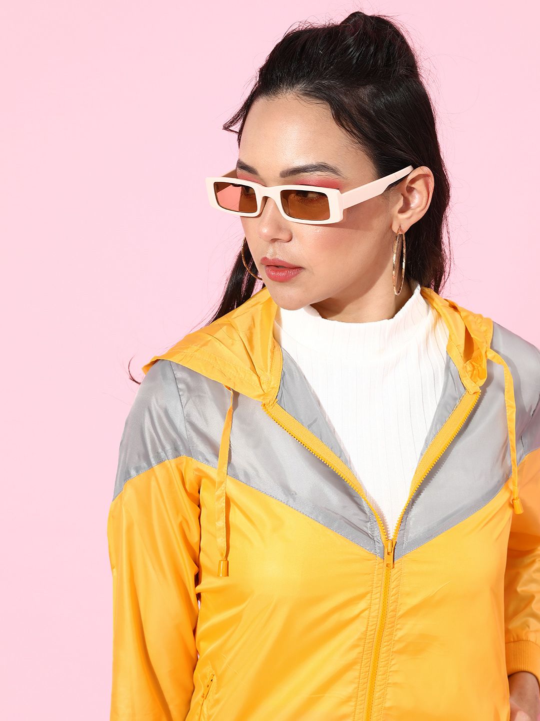 DressBerry Woman Bright Yellow Colourblocked Bomber Jacket Price in India