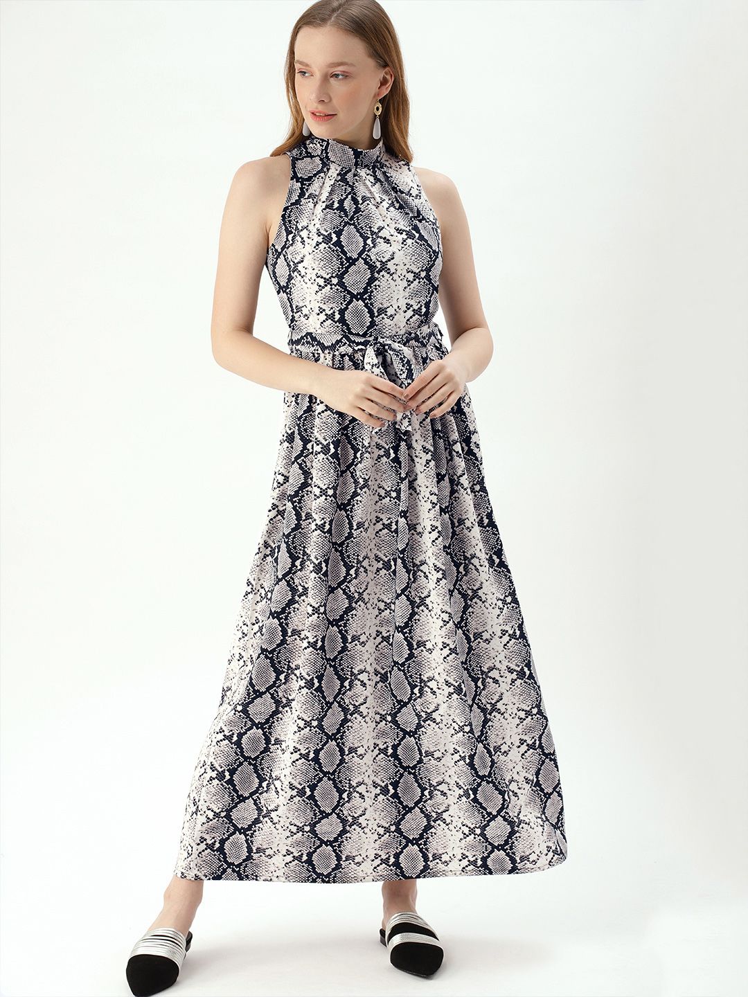 DressBerry Women Off-White & Black Snakeskin Print Maxi Dress Price in India