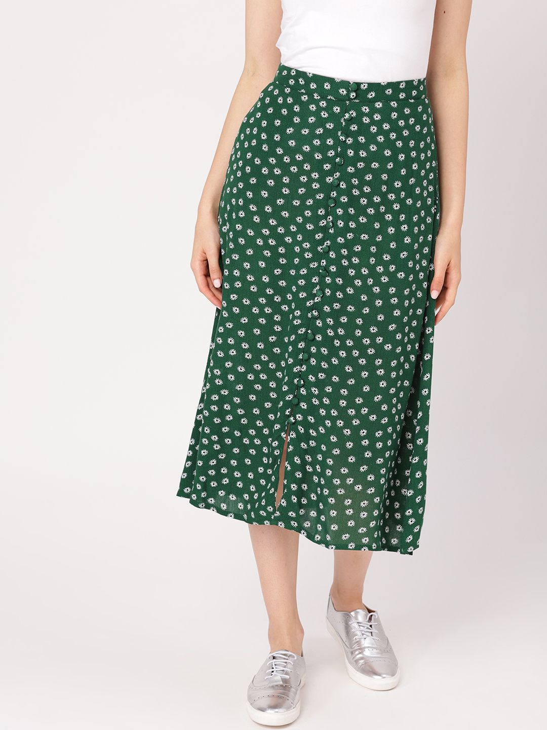 DressBerry Women Green & White Printed Midi A-Line Skirt