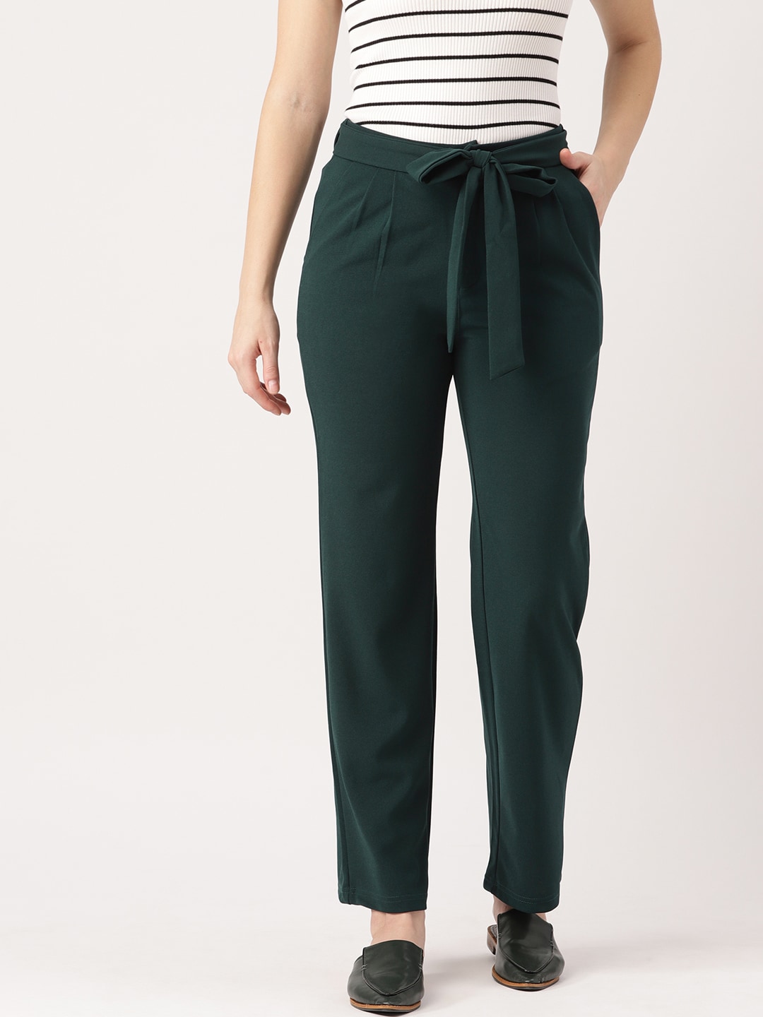 DressBerry Women Green Regular Fit Solid Regular Mid-Rise Trousers Price in India