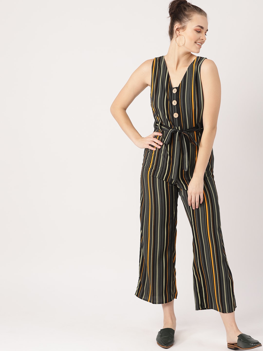 DressBerry Women Olive Green & Mustard Yellow Striped Basic Jumpsuit Price in India