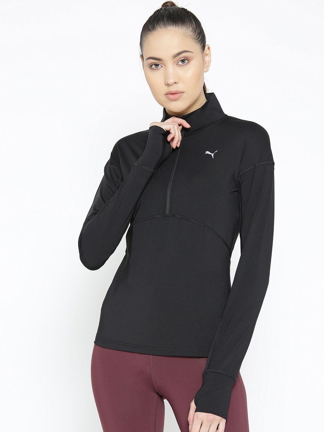 Puma Women Black Solid Ignite 1/4 Zip Running T-Shirt Price in India