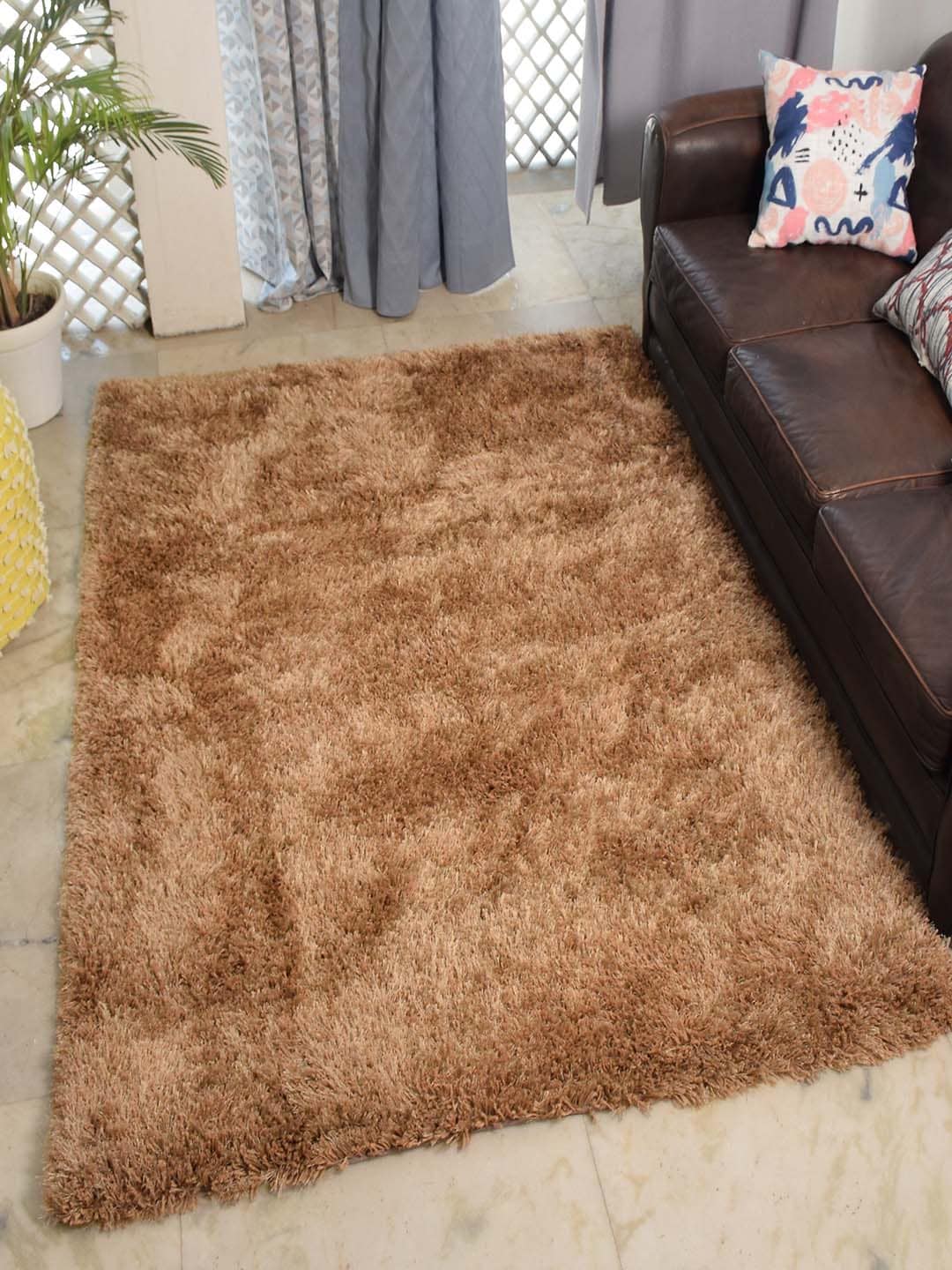 Avira Home Beige Solid Microfiber Polyester Anti-Skid Shaggy Carpet Price in India