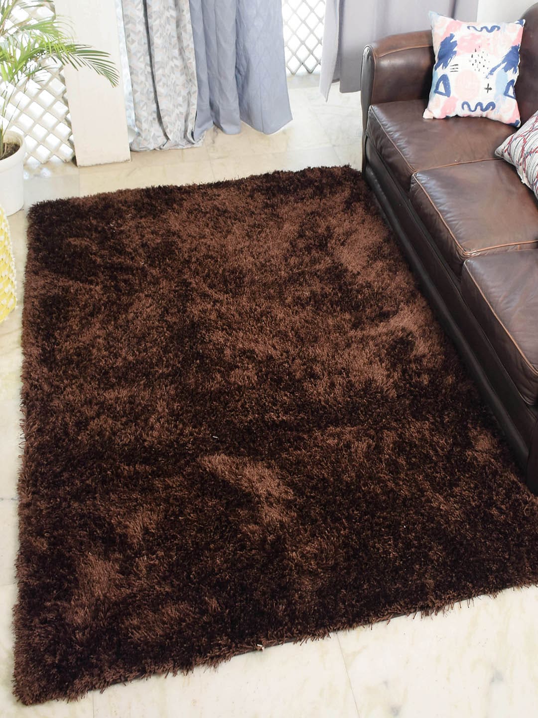 Avira Home Coffee Brown Solid Microfiber Polyester Anti-Skid Shaggy Carpet Price in India