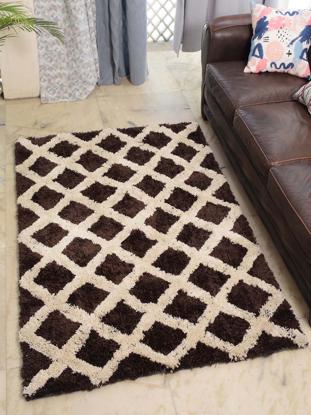 Avira Home Coffee Brown & Beige Diamond Print Microfiber Polyester Anti-Skid Carpet Price in India