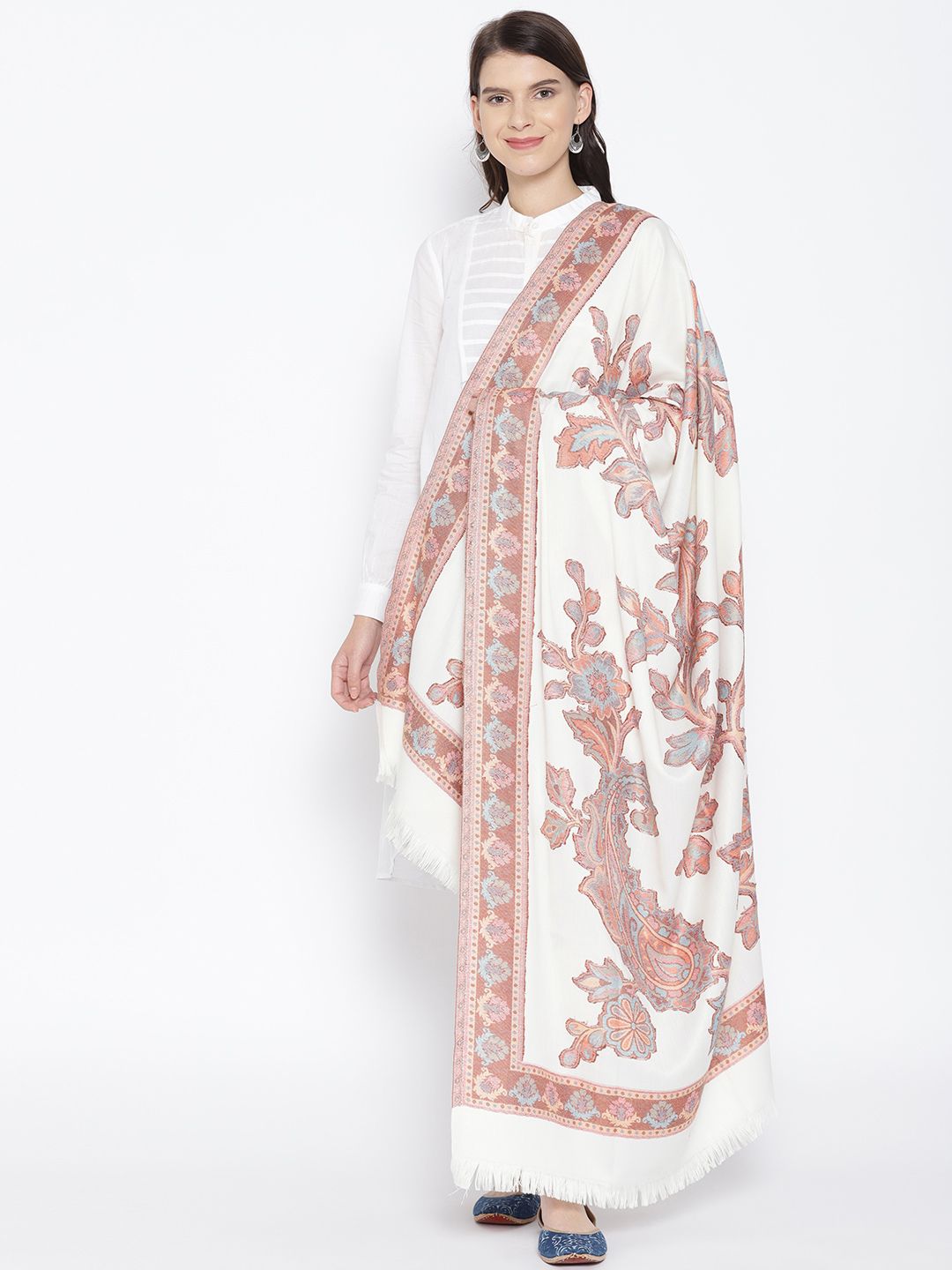 WEAVERS VILLA Women Off-White & Rust Red Woven Design Shawl Price in India