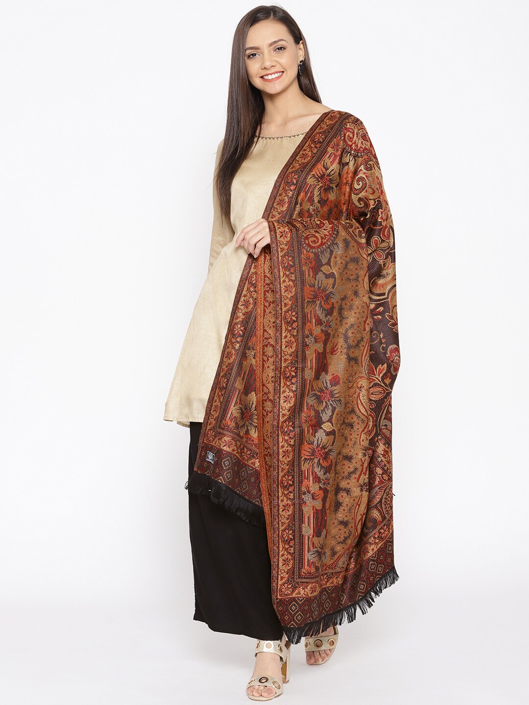 WEAVERS VILLA Women Brown & Maroon Woven Design Shawl Price in India