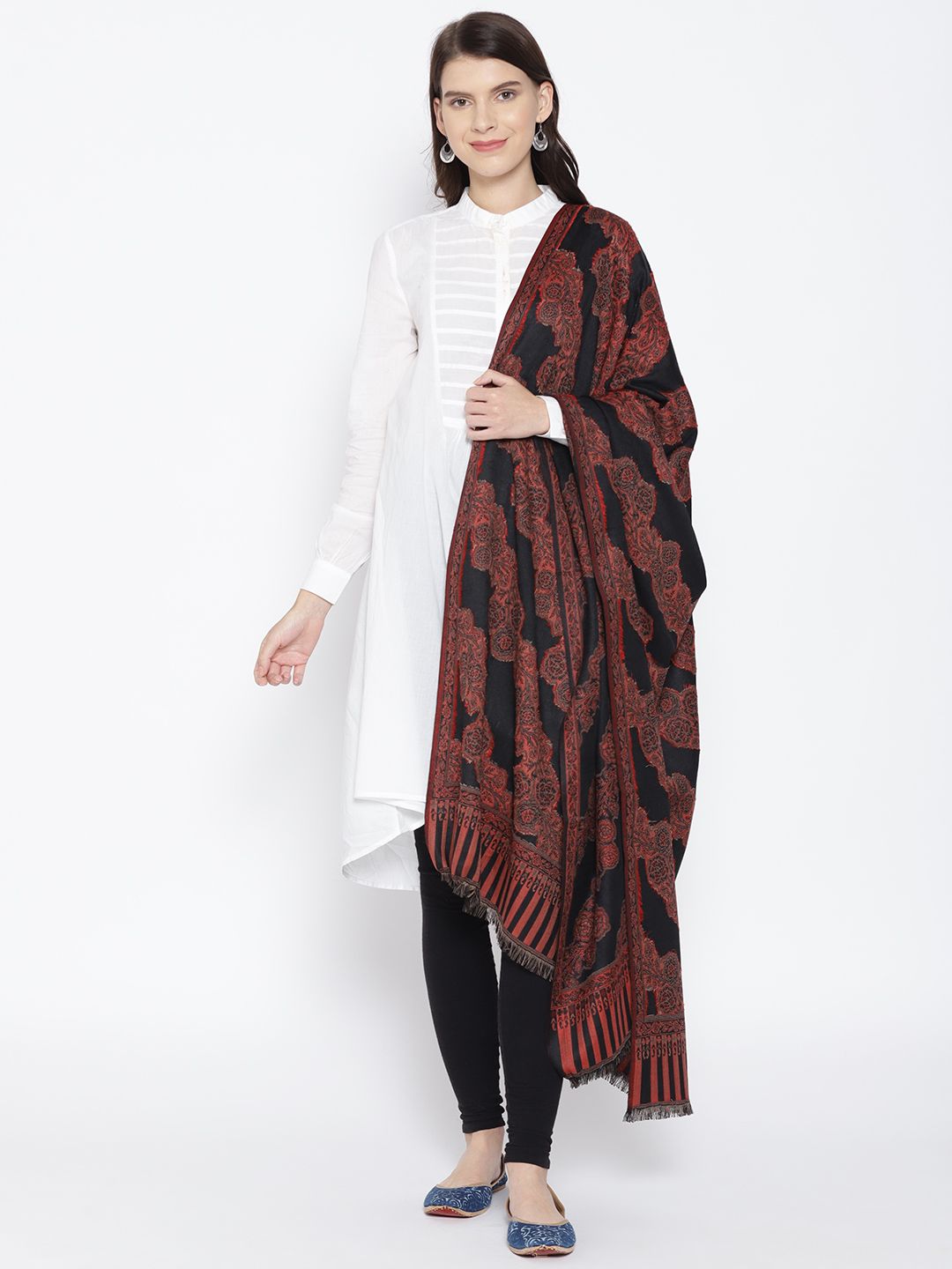 WEAVERS VILLA Women Black & Rust Red Wool Woven Design Shawl Price in India