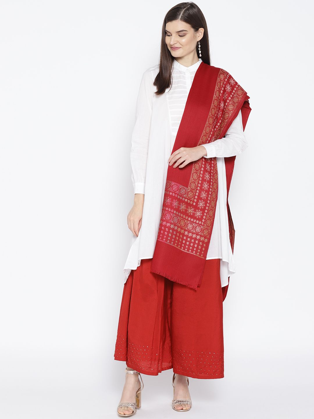 WEAVERS VILLA Women Red Woollen Solid Shawl Price in India