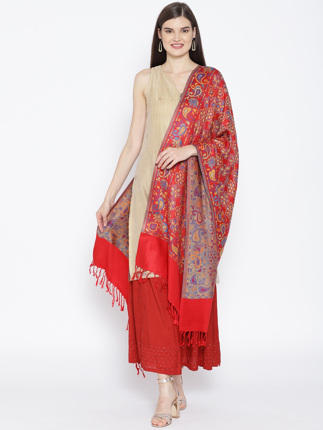 WEAVERS VILLA Women Red & Yellow Woven Design Stole Price in India