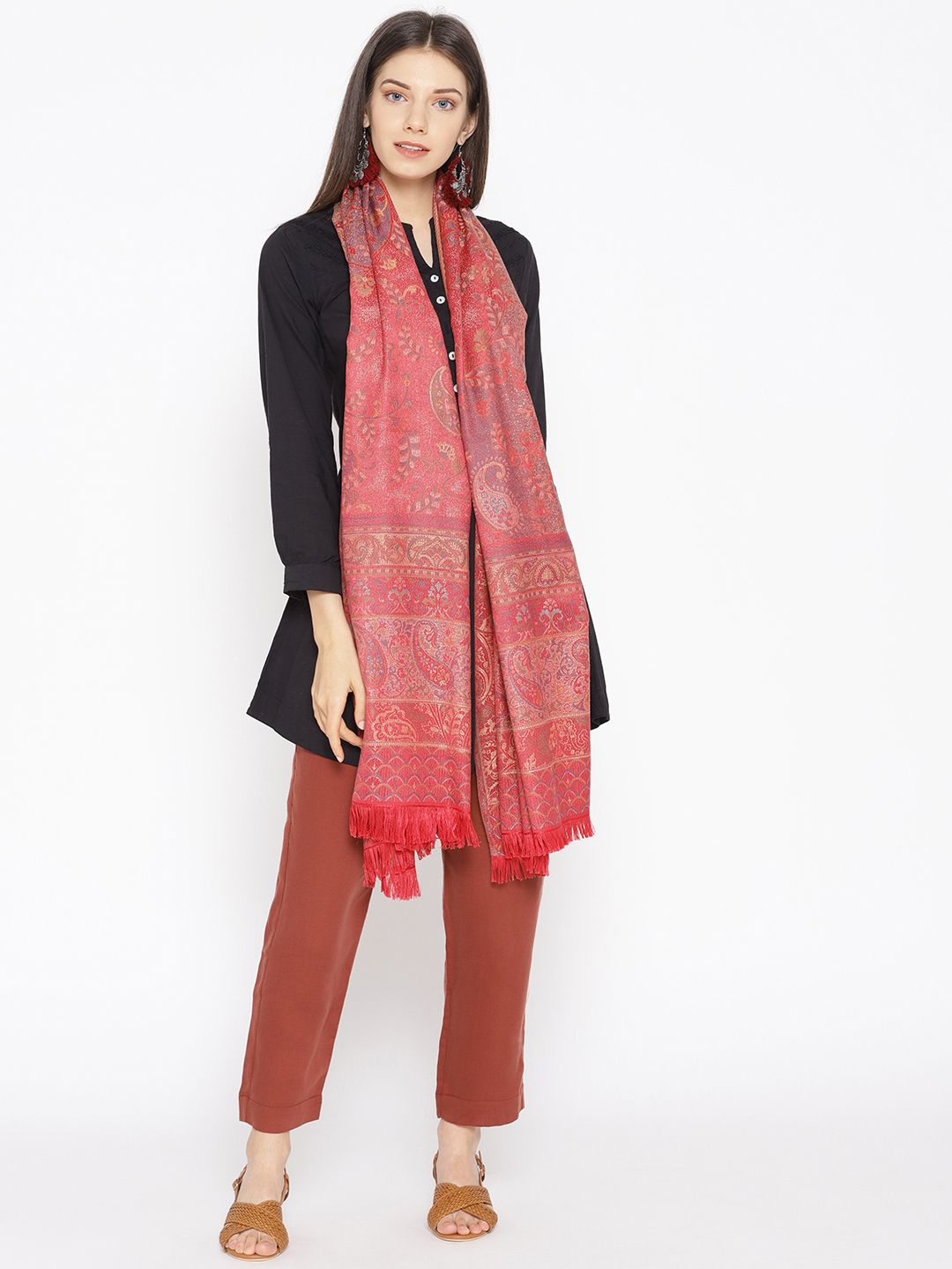 WEAVERS VILLA Women Pink & Beige Woven Design Shawl Price in India