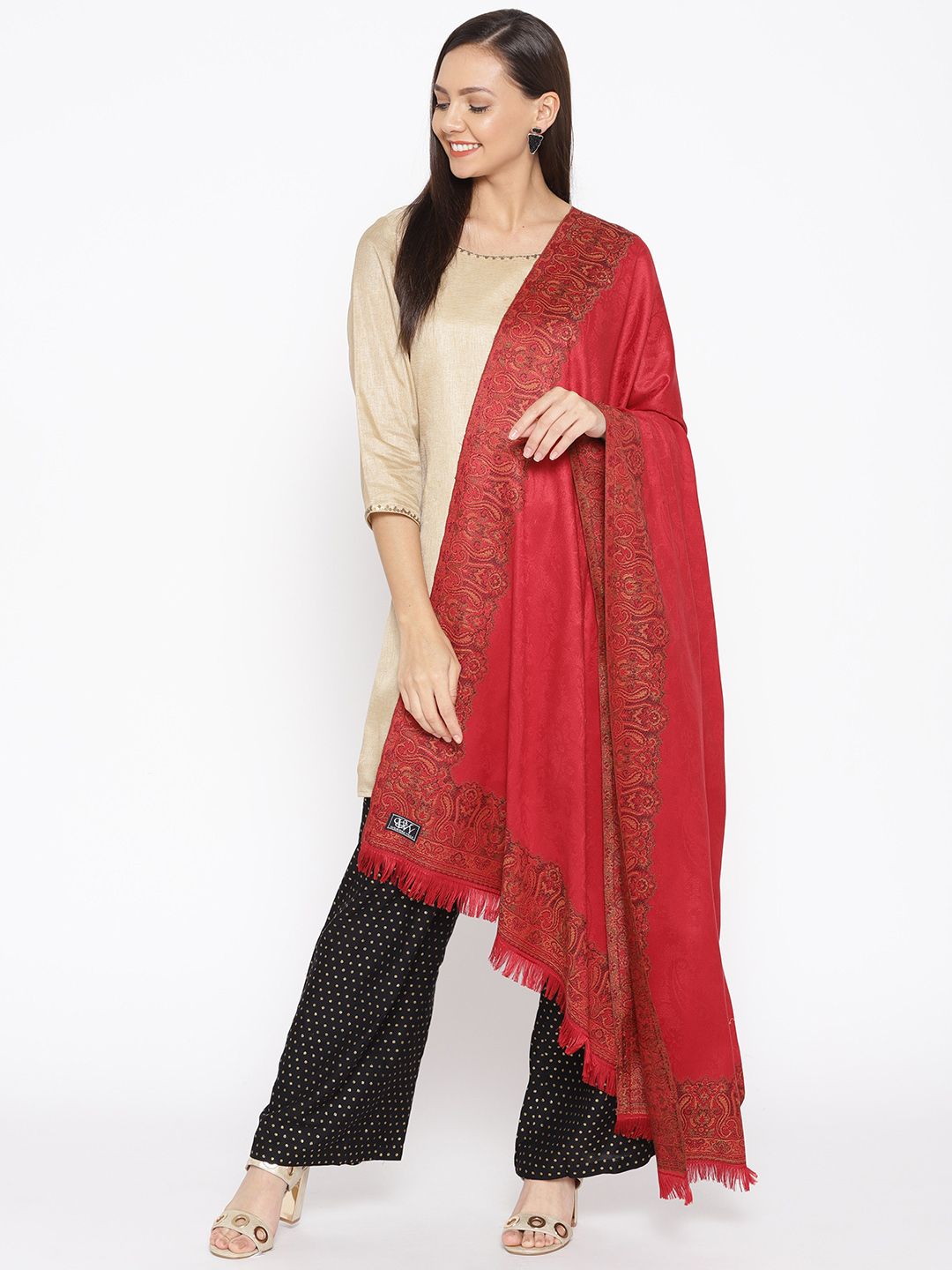 WEAVERS VILLA Women Red Self-Design Shawl Price in India