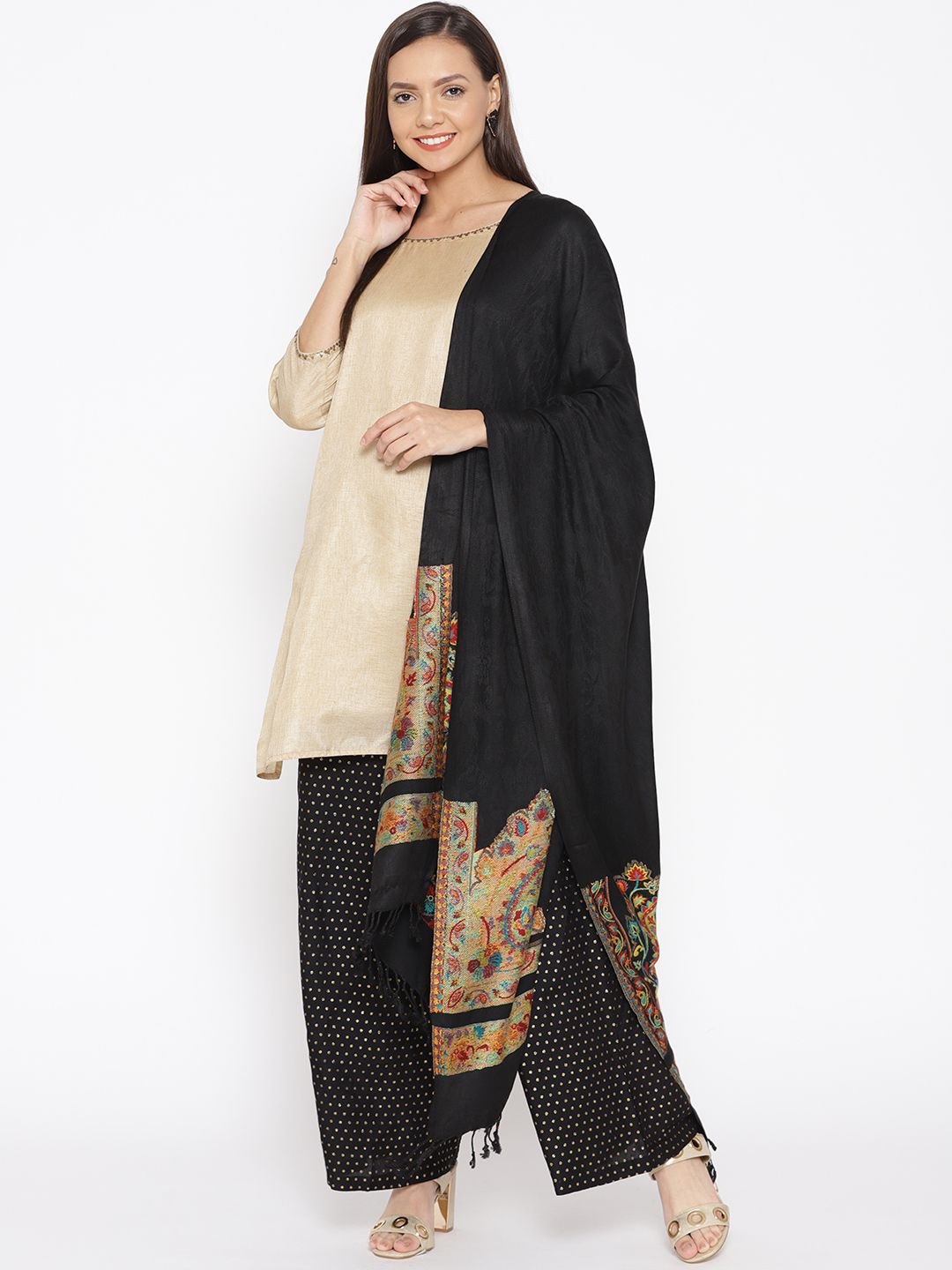 WEAVERS VILLA Women Black Woven Design Stole Price in India