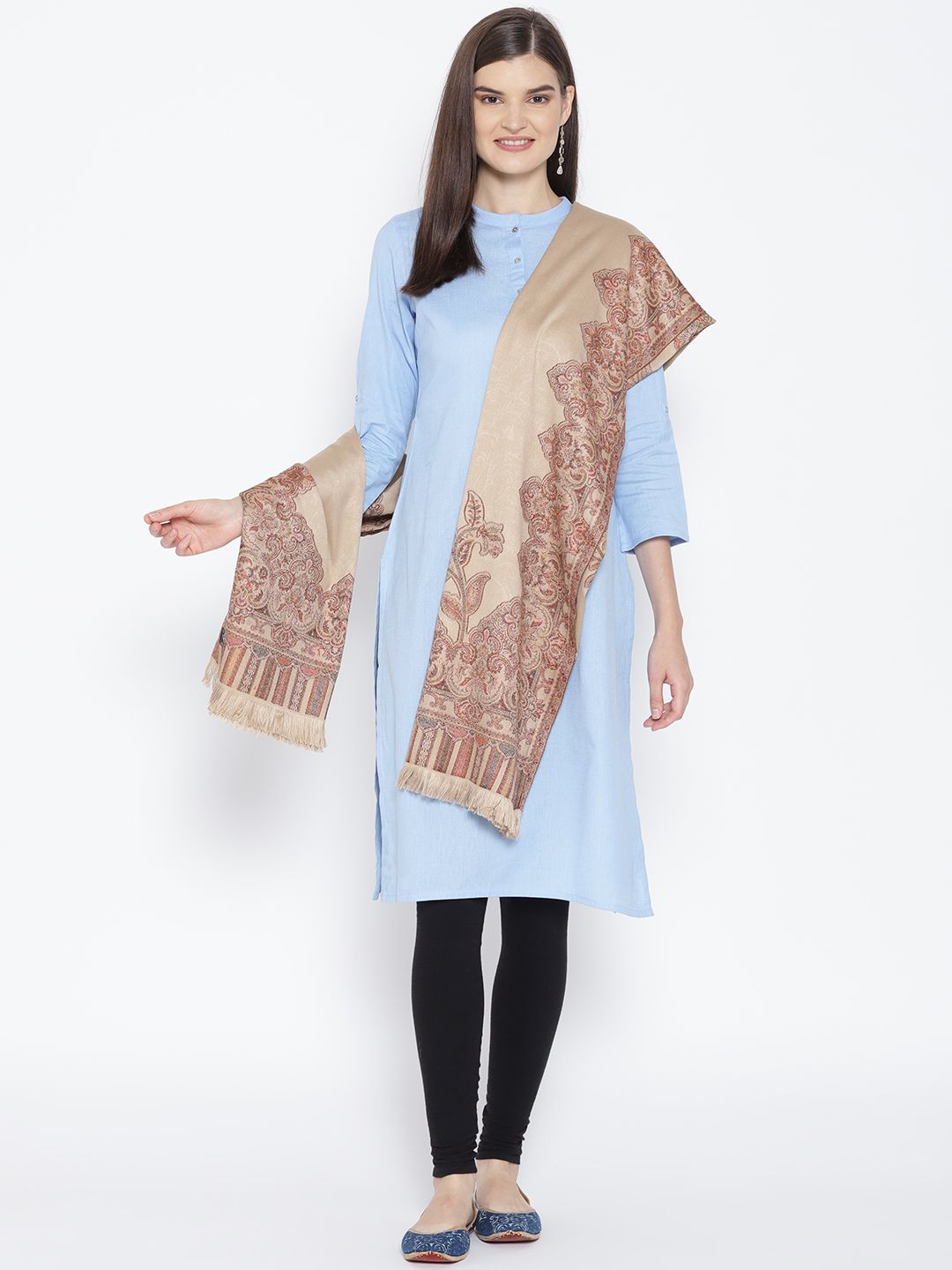 WEAVERS VILLA Women Beige & Maroon Woven Design Shawl Price in India