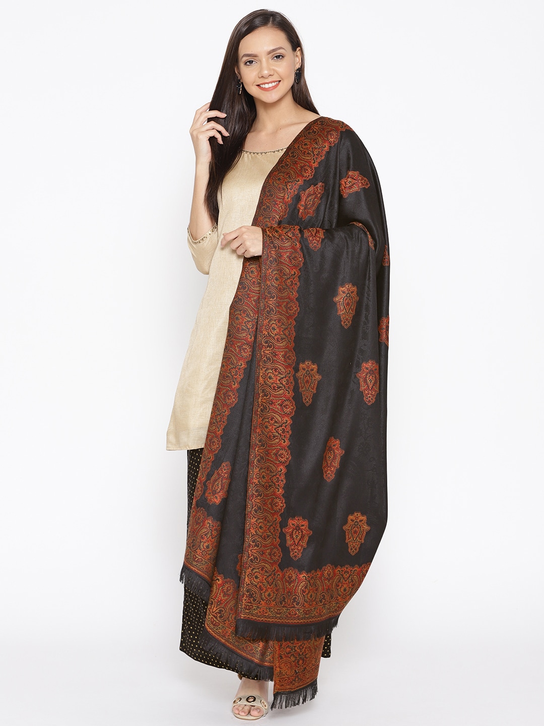 WEAVERS VILLA Women Black & Brown Woven Design Shawl Price in India