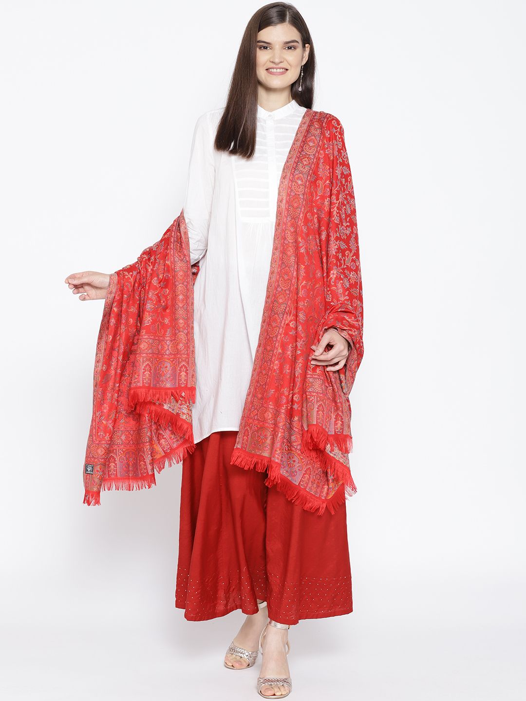 WEAVERS VILLA Women Red & Grey Woven Design Shawl Price in India